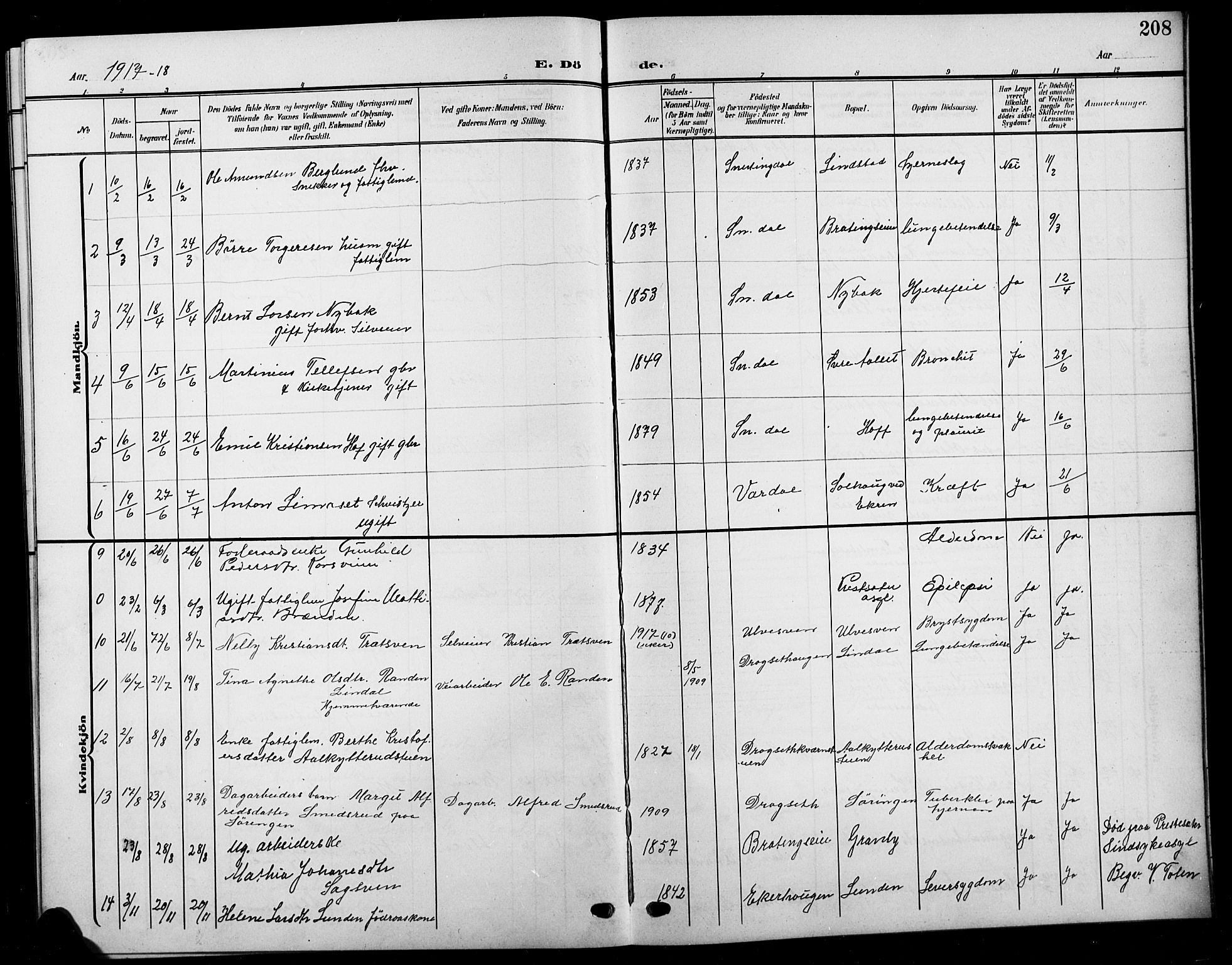 Biri prestekontor, AV/SAH-PREST-096/H/Ha/Hab/L0005: Parish register (copy) no. 5, 1906-1919, p. 208