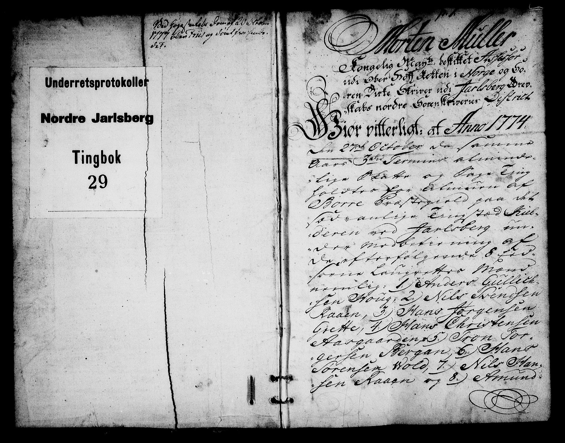 Nordre Jarlsberg sorenskriveri, SAKO/A-80/F/Fa/Faa/L0029: Tingbok, 1774-1776, p. 0-1