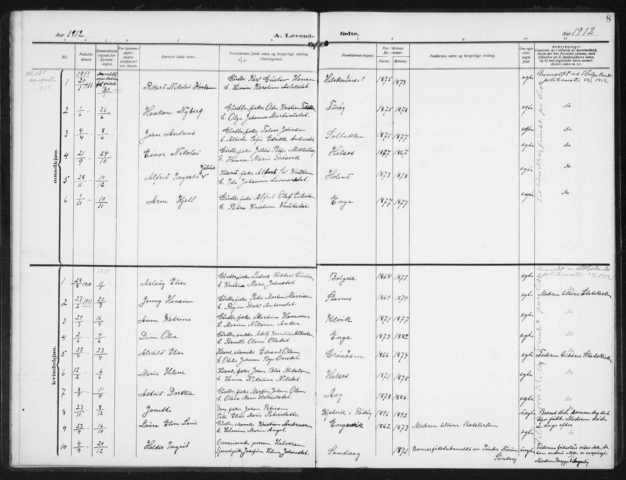 Ministerialprotokoller, klokkerbøker og fødselsregistre - Nordland, SAT/A-1459/843/L0629: Parish register (official) no. 843A04, 1907-1925, p. 8