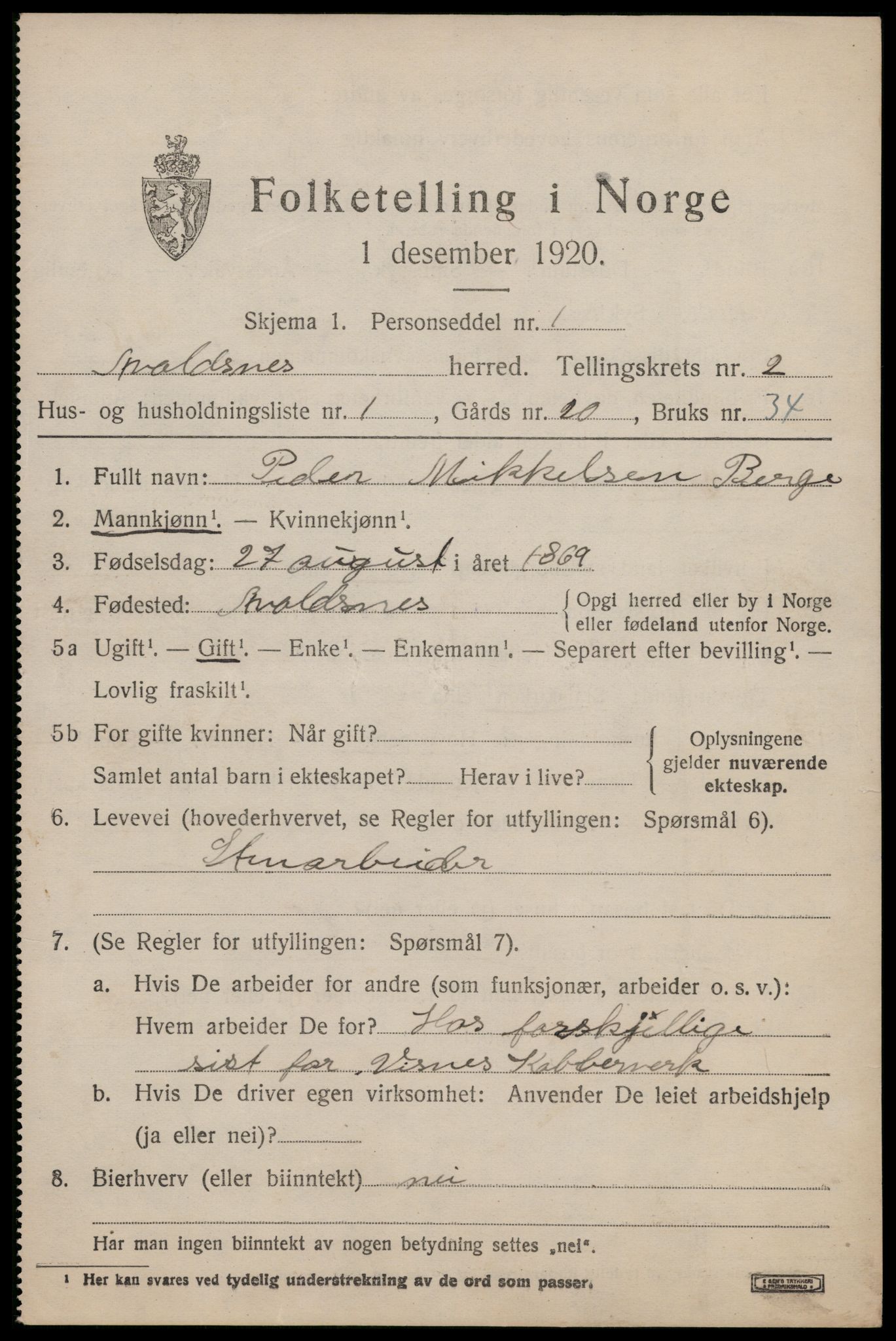 SAST, 1920 census for Avaldsnes, 1920, p. 1823