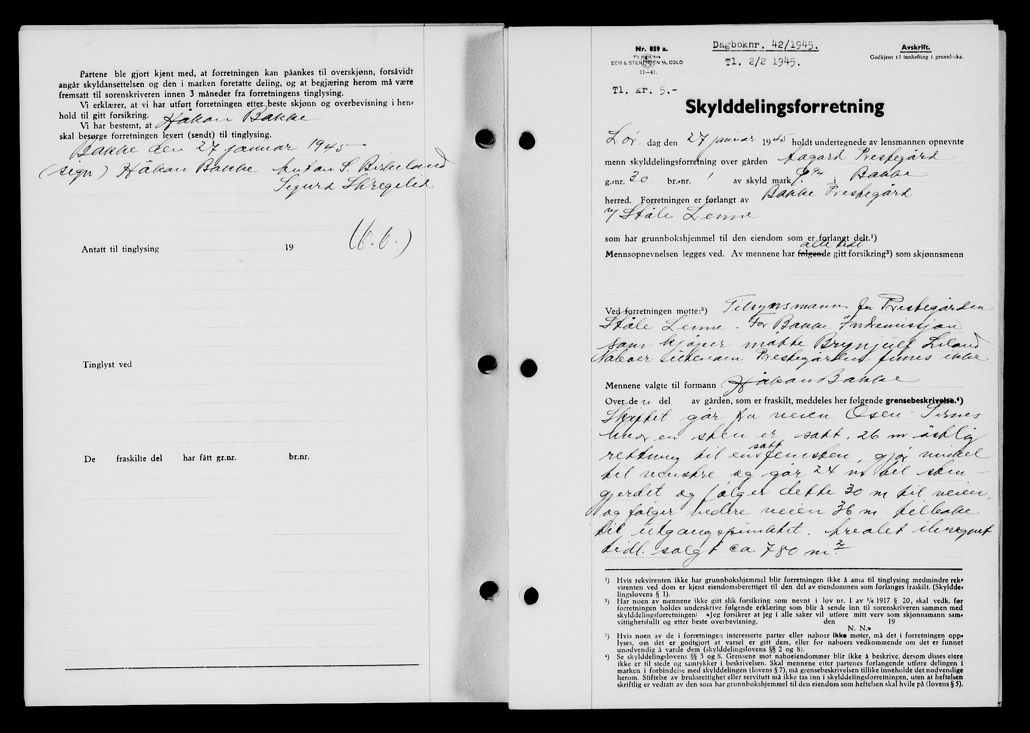 Flekkefjord sorenskriveri, SAK/1221-0001/G/Gb/Gba/L0059: Mortgage book no. A-7, 1944-1945, Diary no: : 42/1945