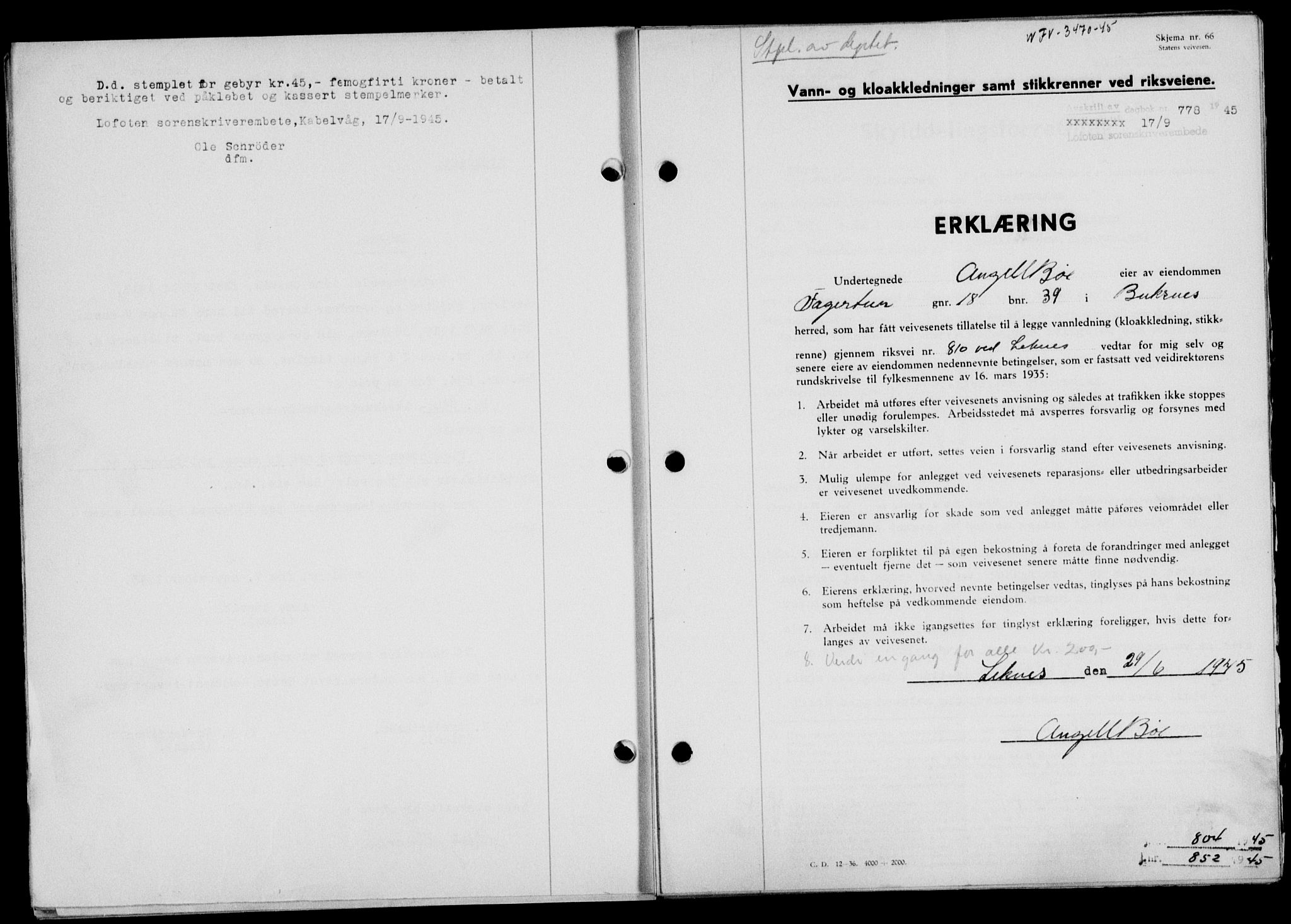 Lofoten sorenskriveri, SAT/A-0017/1/2/2C/L0013a: Mortgage book no. 13a, 1944-1946, Diary no: : 778/1945