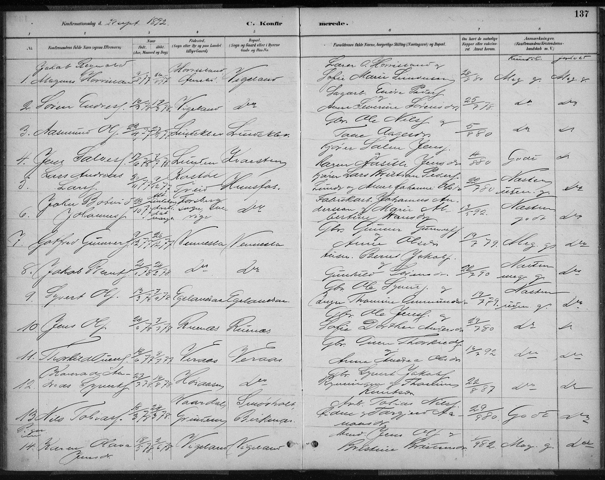 Vennesla sokneprestkontor, AV/SAK-1111-0045/Fa/Fab/L0004: Parish register (official) no. A 4, 1884-1896, p. 137