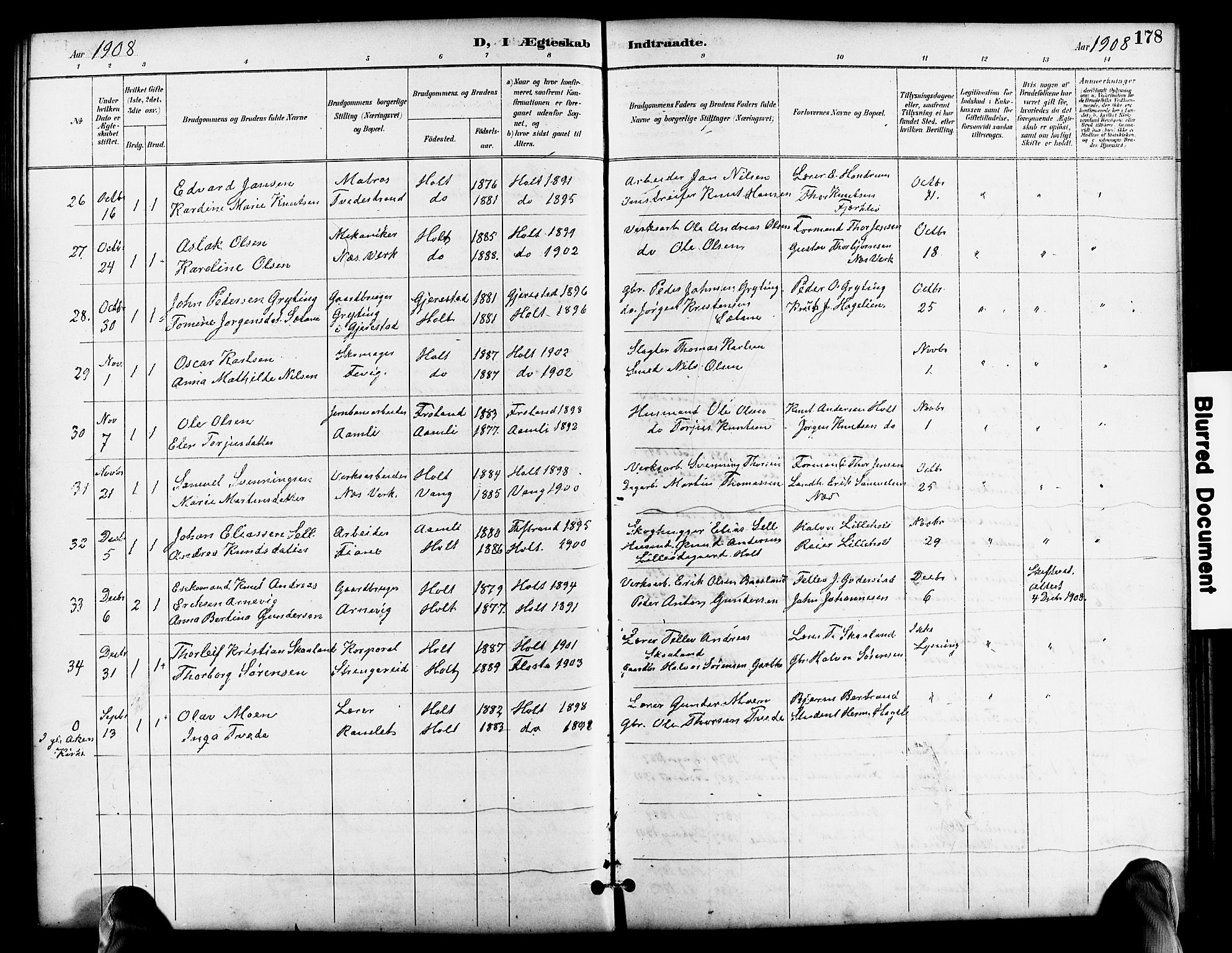 Holt sokneprestkontor, SAK/1111-0021/F/Fb/L0011: Parish register (copy) no. B 11, 1897-1921, p. 178
