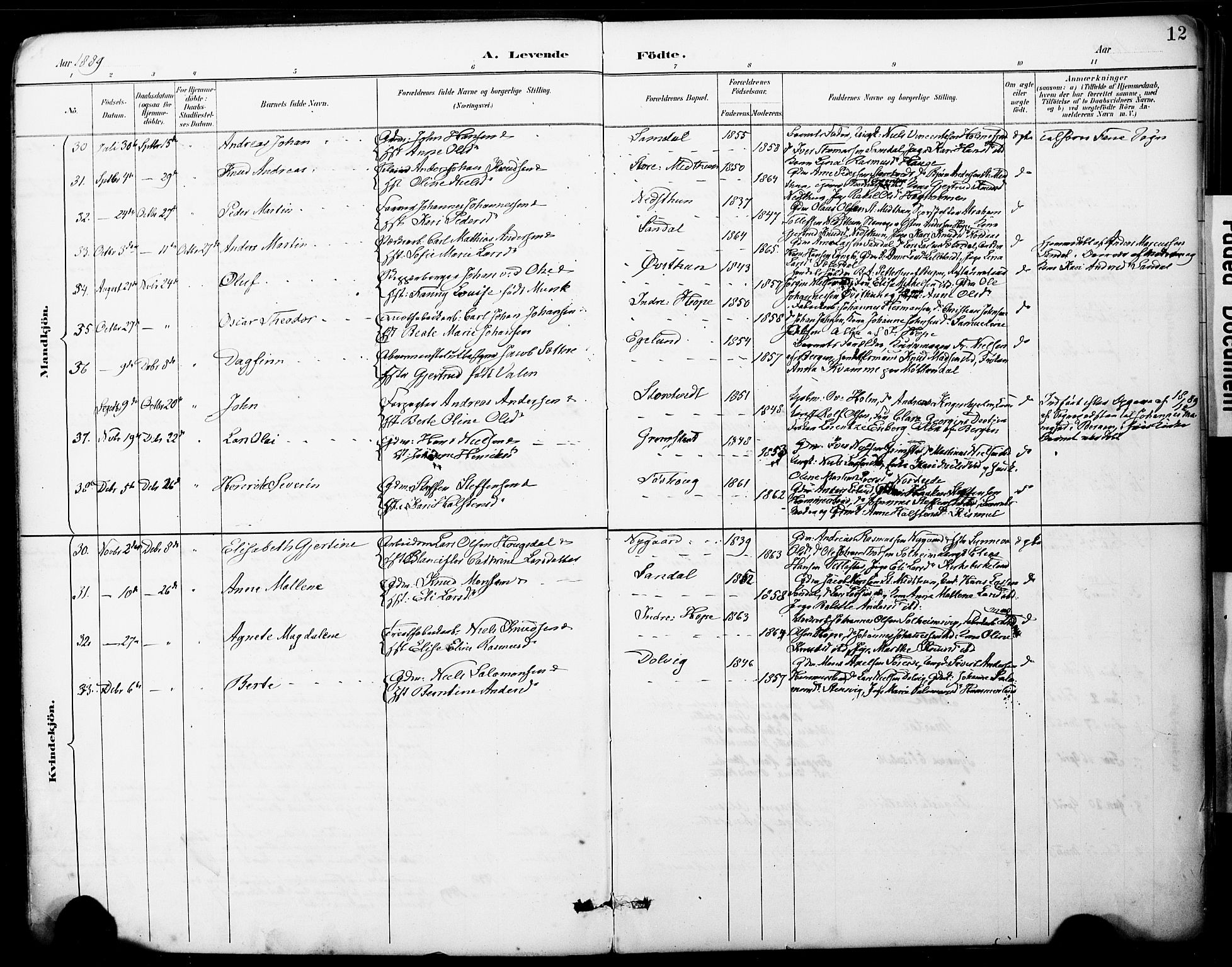 Fana Sokneprestembete, AV/SAB-A-75101/H/Haa/Haai/L0002: Parish register (official) no. I 2, 1888-1899, p. 12