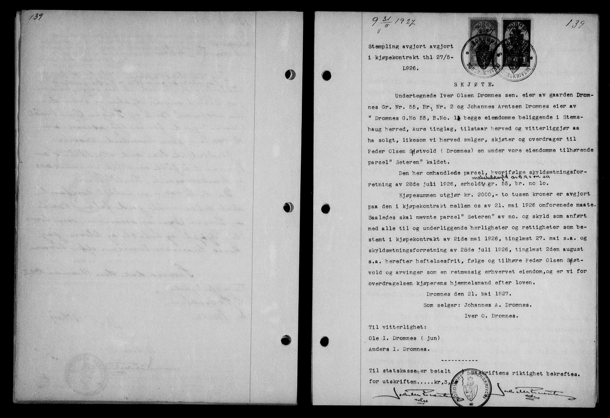 Nordmøre sorenskriveri, AV/SAT-A-4132/1/2/2Ca/L0062: Mortgage book no. 52, 1927-1927, Deed date: 31.05.1927