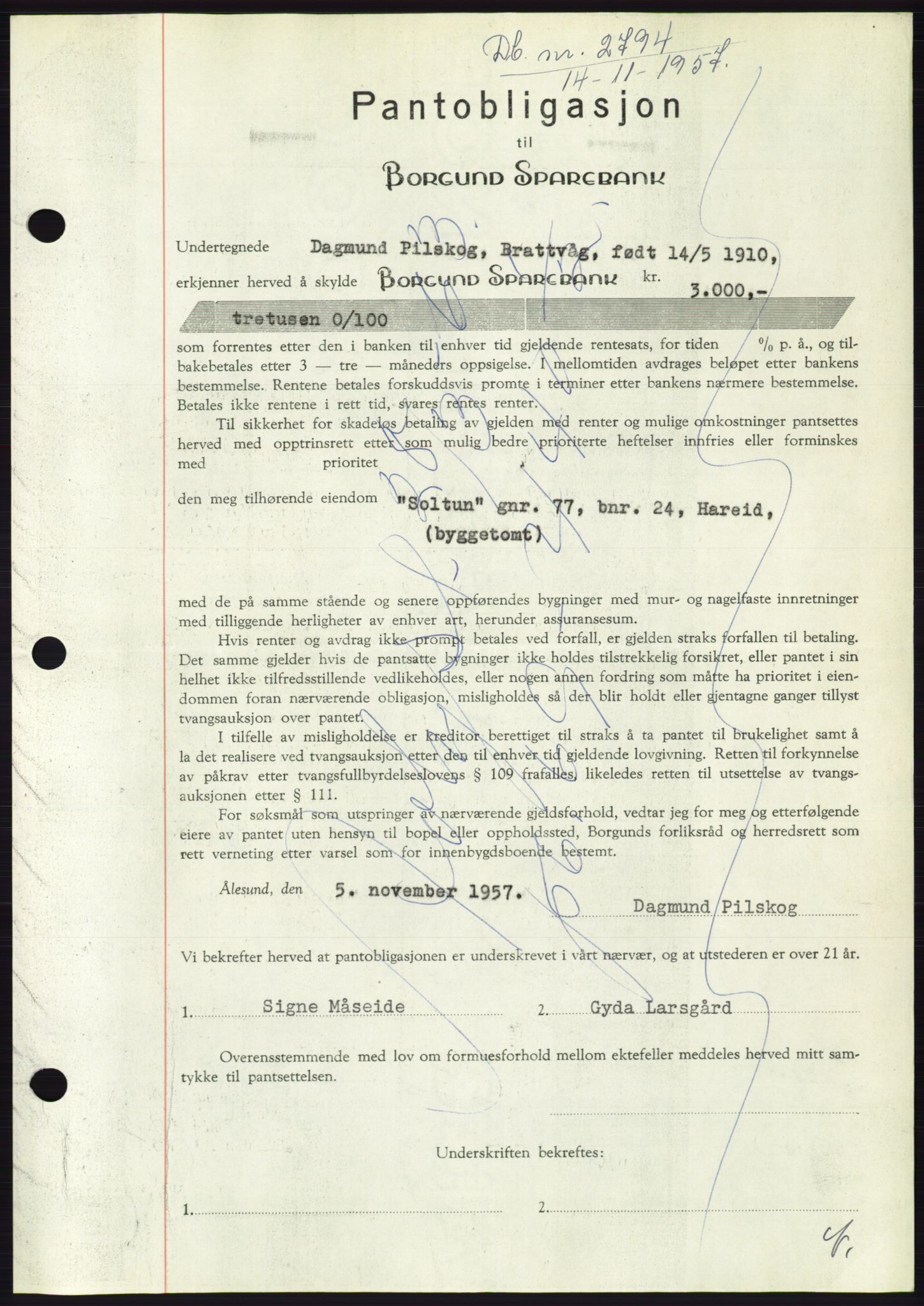 Søre Sunnmøre sorenskriveri, AV/SAT-A-4122/1/2/2C/L0130: Mortgage book no. 18B, 1957-1958, Diary no: : 2794/1957