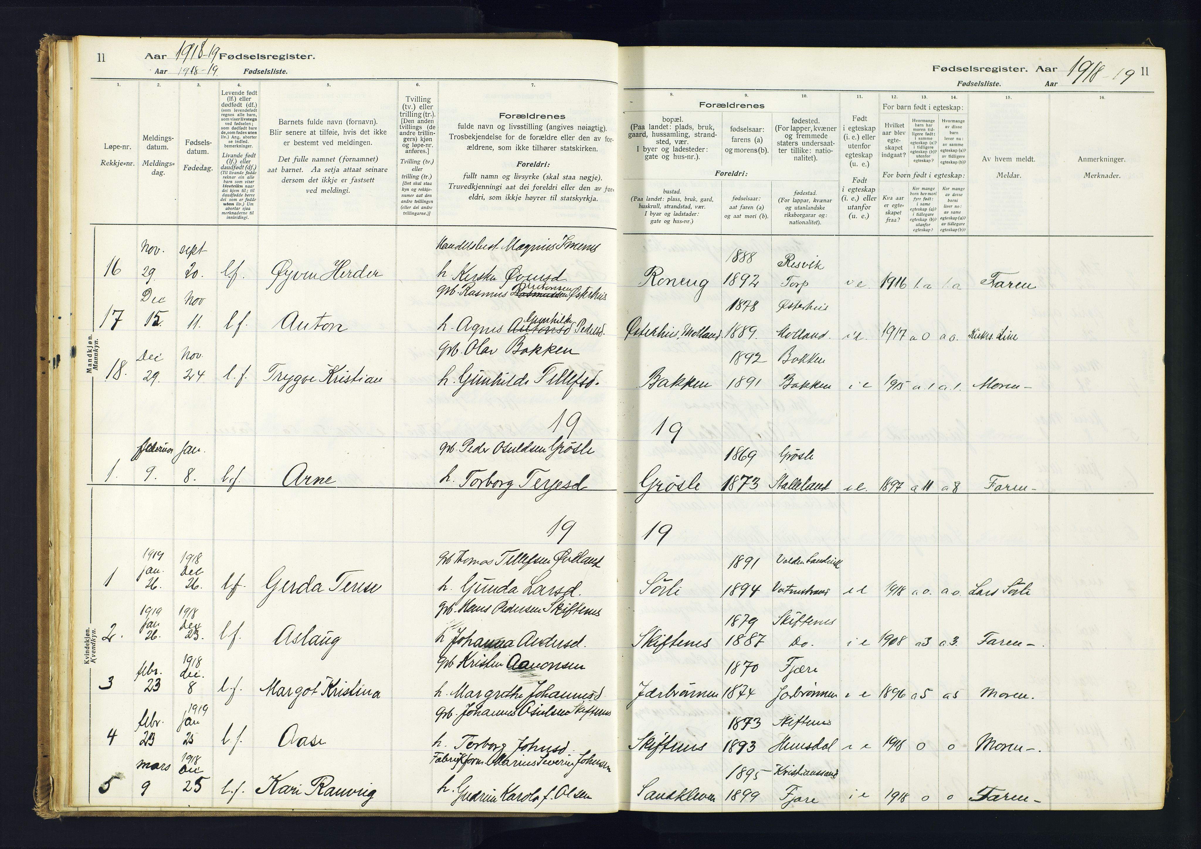 Hommedal sokneprestkontor, AV/SAK-1111-0023/J/Jd/L0001: Birth register no. 1, 1916-1962, p. 11