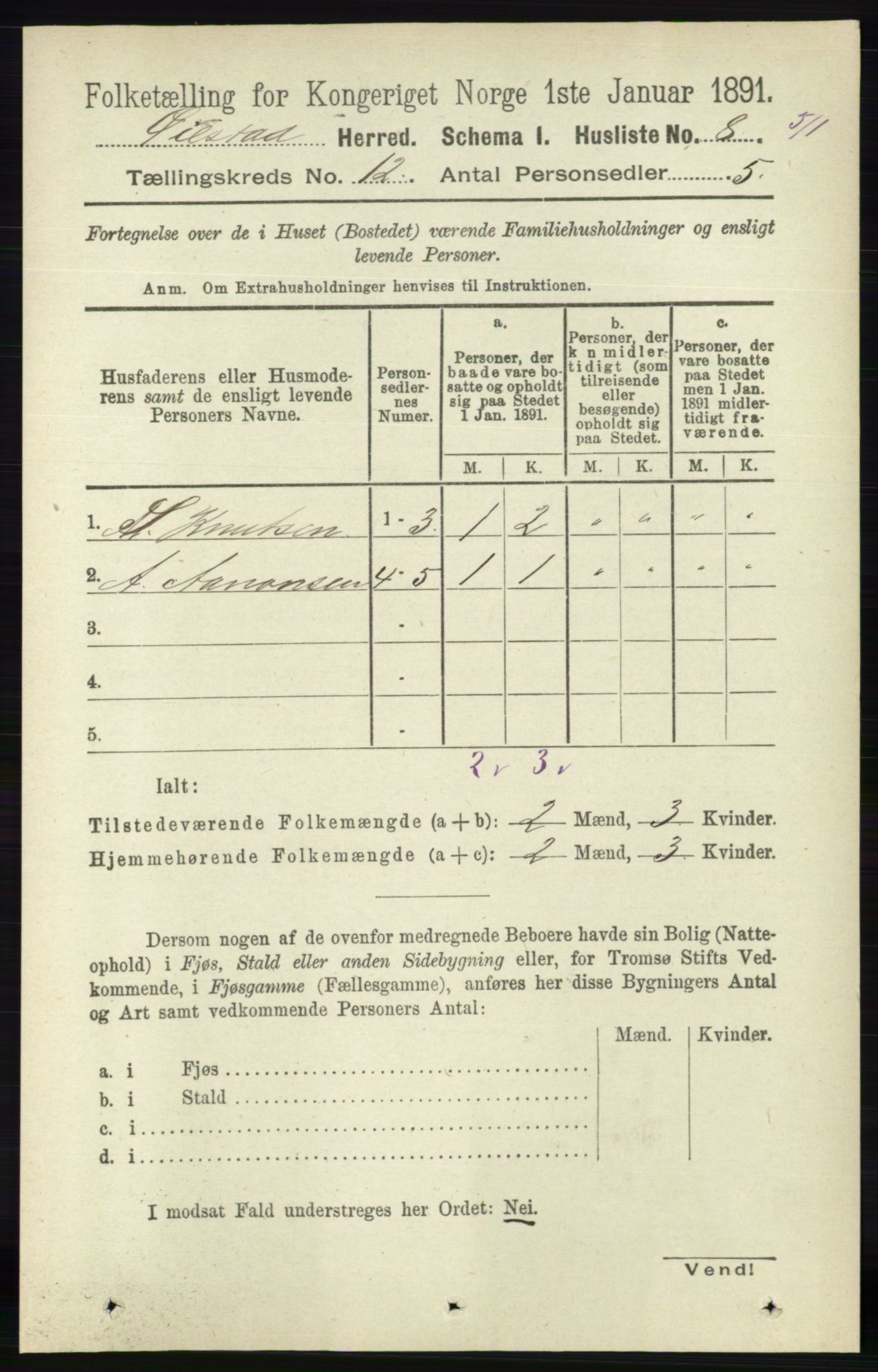 RA, 1891 census for 0920 Øyestad, 1891, p. 5370