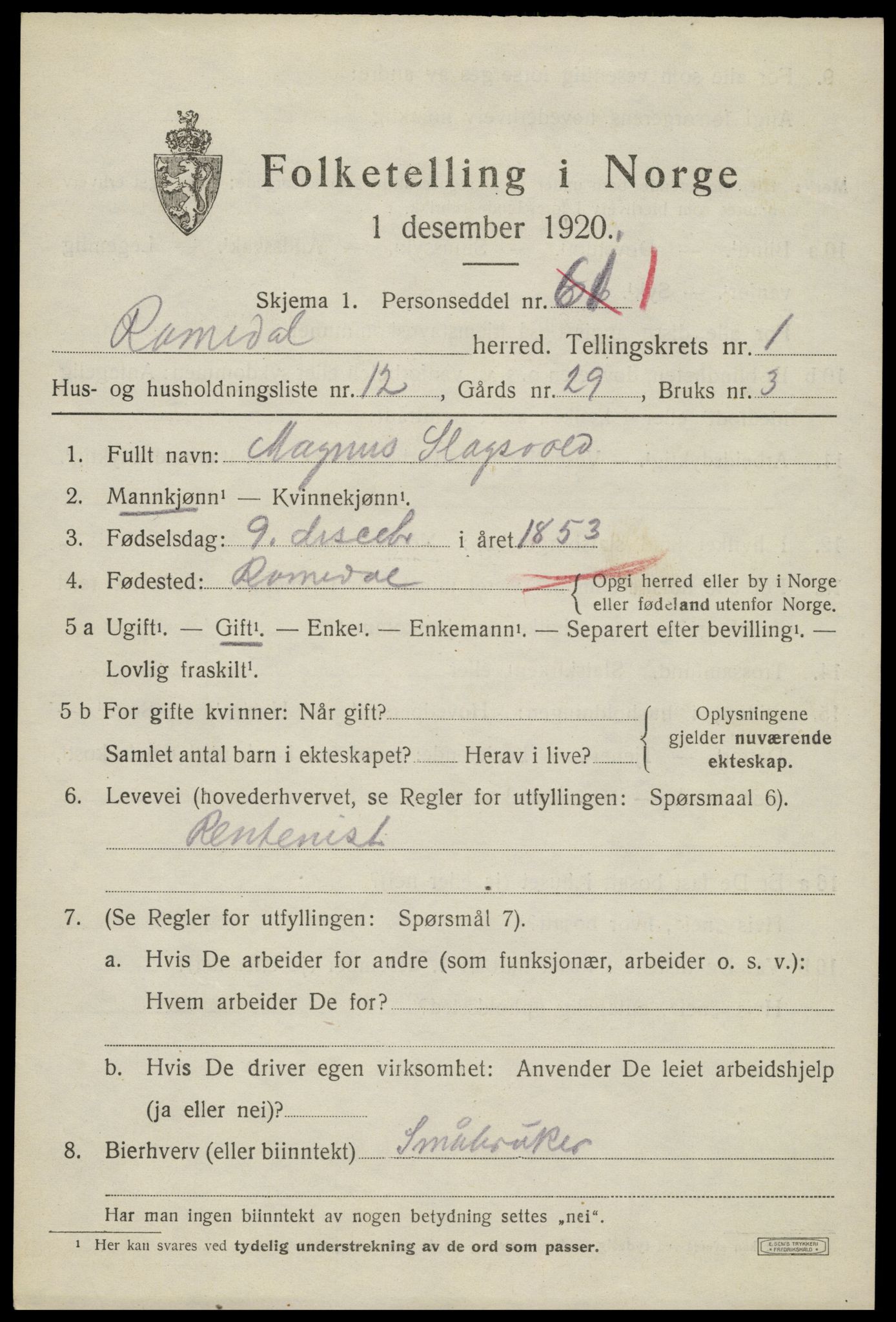 SAH, 1920 census for Romedal, 1920, p. 2063