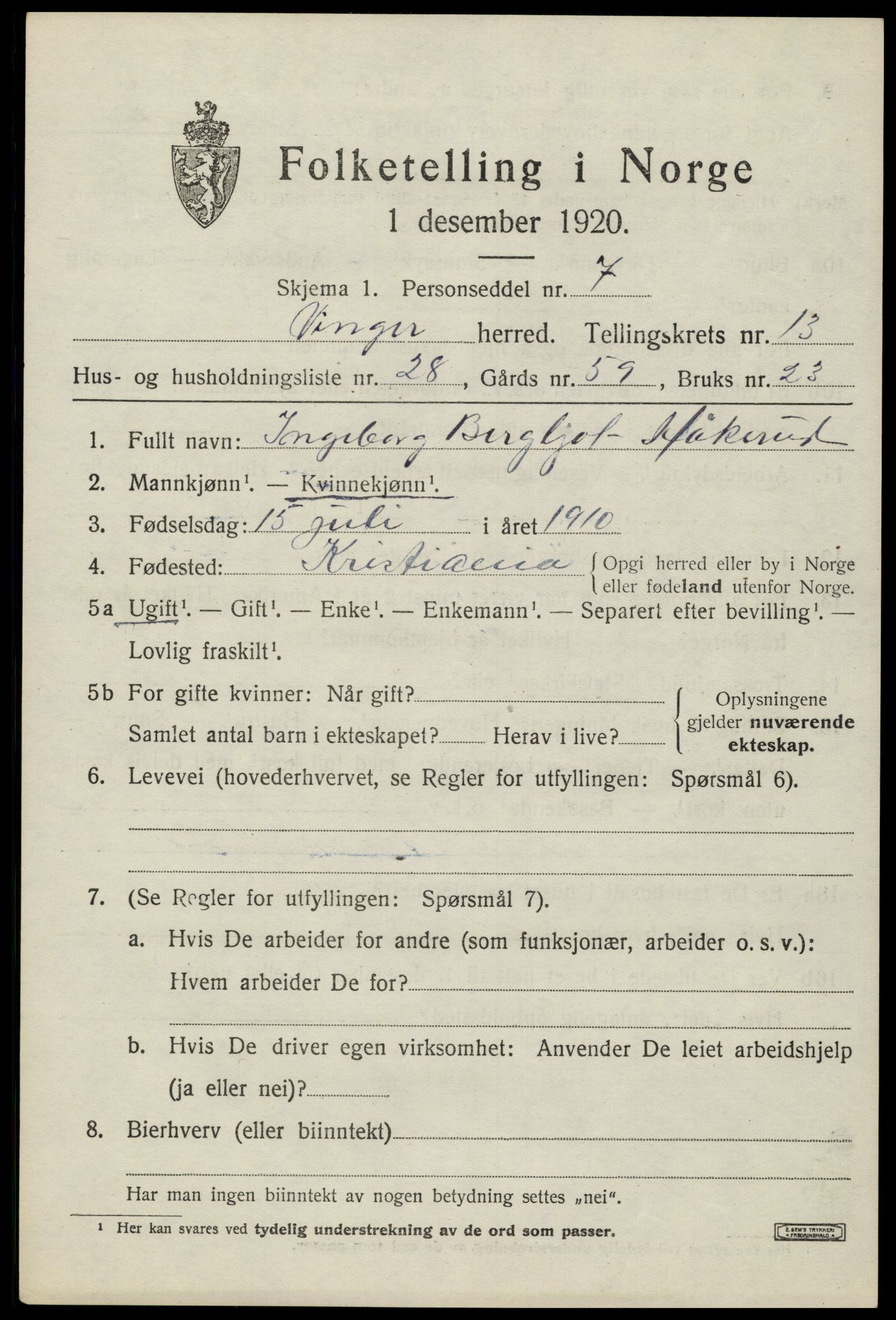 SAH, 1920 census for Vinger, 1920, p. 11368