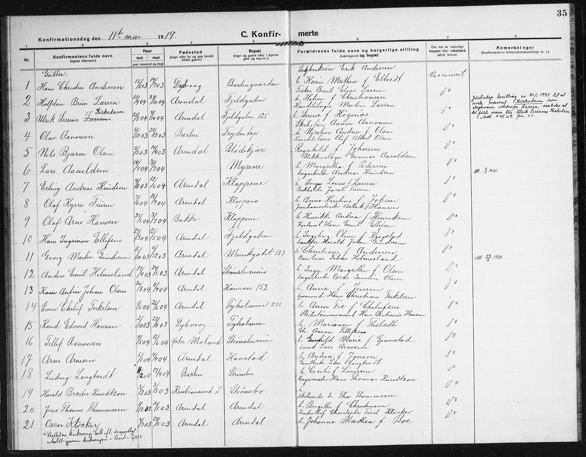Arendal sokneprestkontor, Trefoldighet, SAK/1111-0040/F/Fa/L0011: Parish register (official) no. A 11, 1915-1919, p. 35