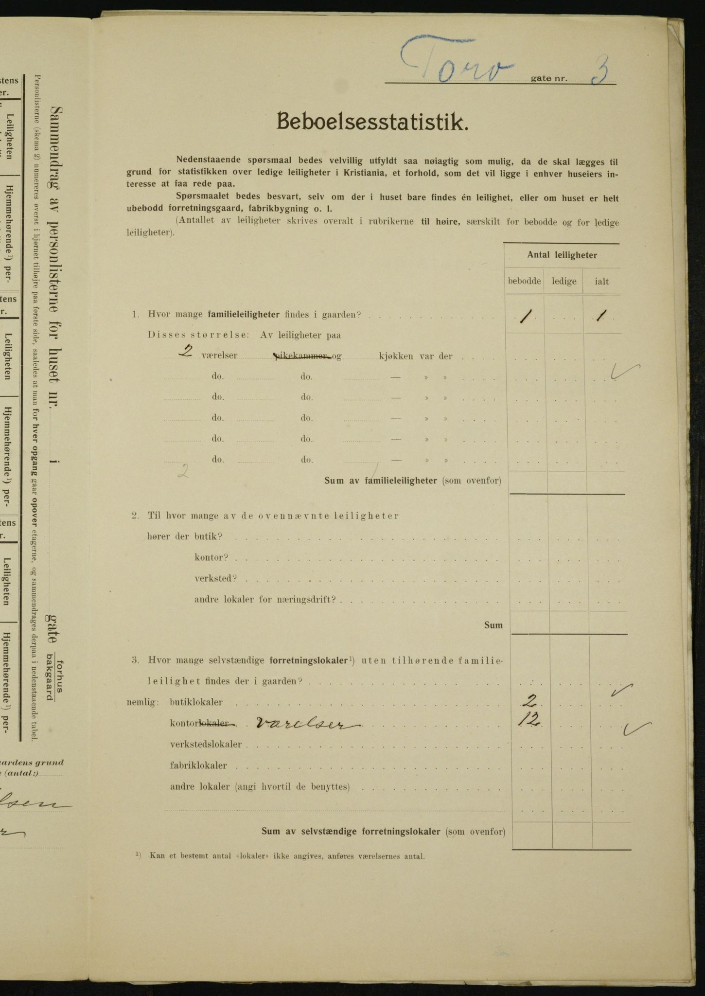 OBA, Municipal Census 1910 for Kristiania, 1910, p. 108110