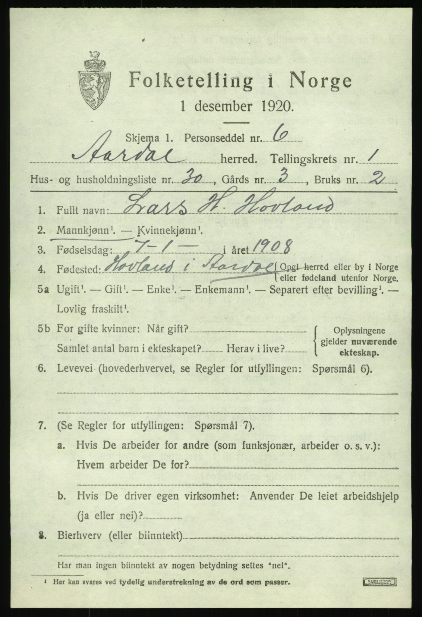 SAB, 1920 census for Årdal, 1920, p. 861