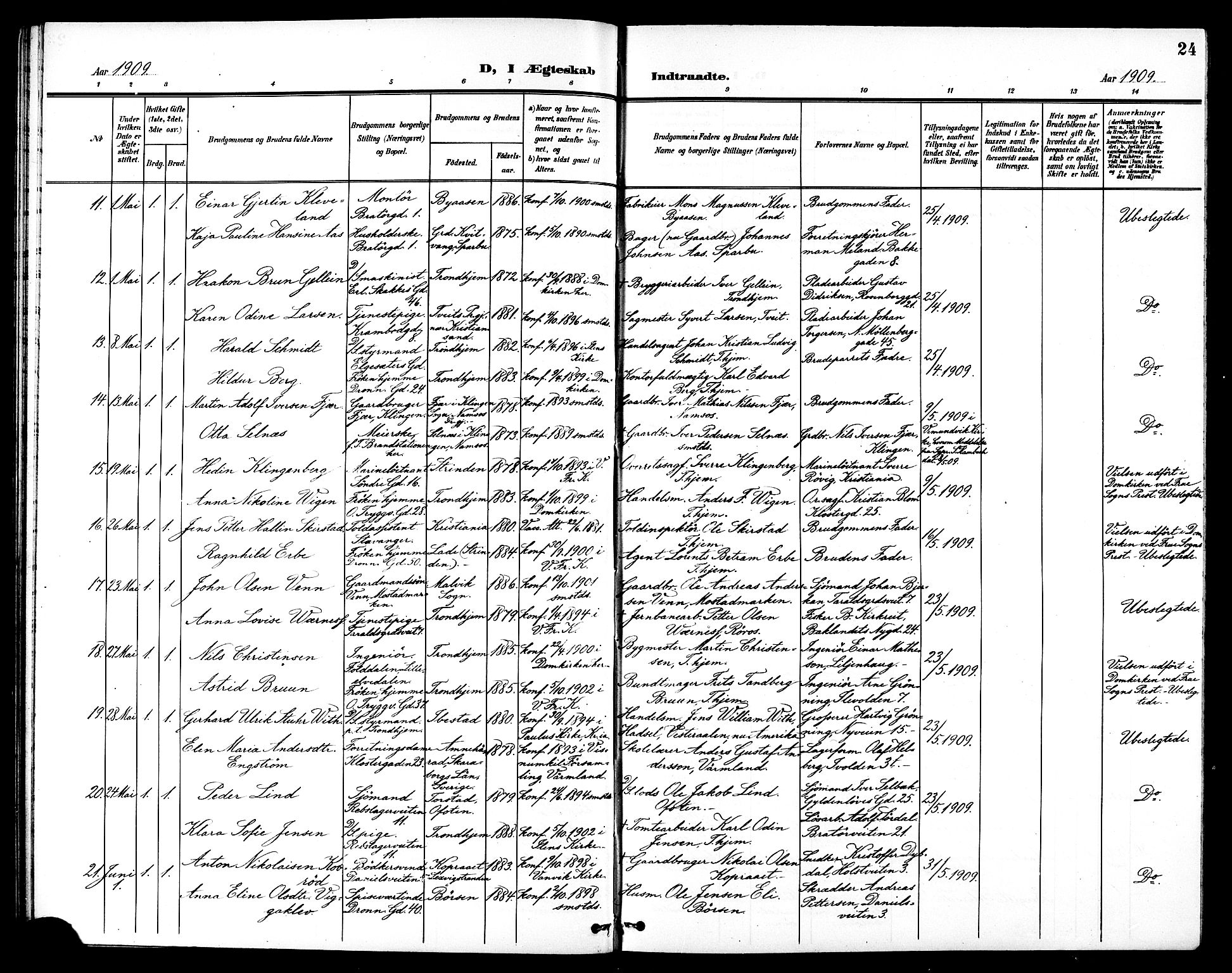 Ministerialprotokoller, klokkerbøker og fødselsregistre - Sør-Trøndelag, SAT/A-1456/602/L0145: Parish register (copy) no. 602C13, 1902-1919, p. 24
