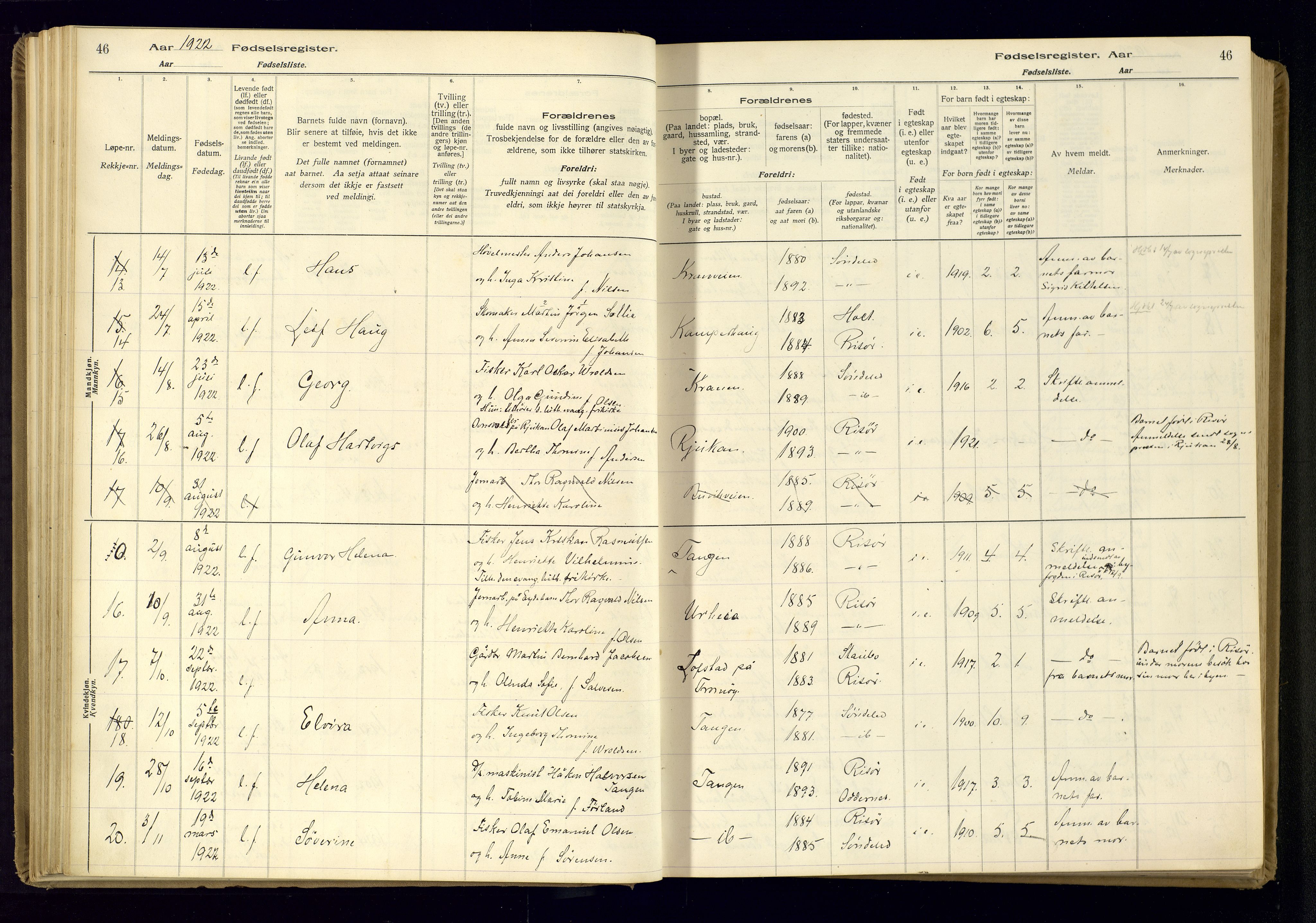 Risør sokneprestkontor, AV/SAK-1111-0035/J/Ja/L0001: Birth register no. A-VI-13, 1916-1947, p. 46