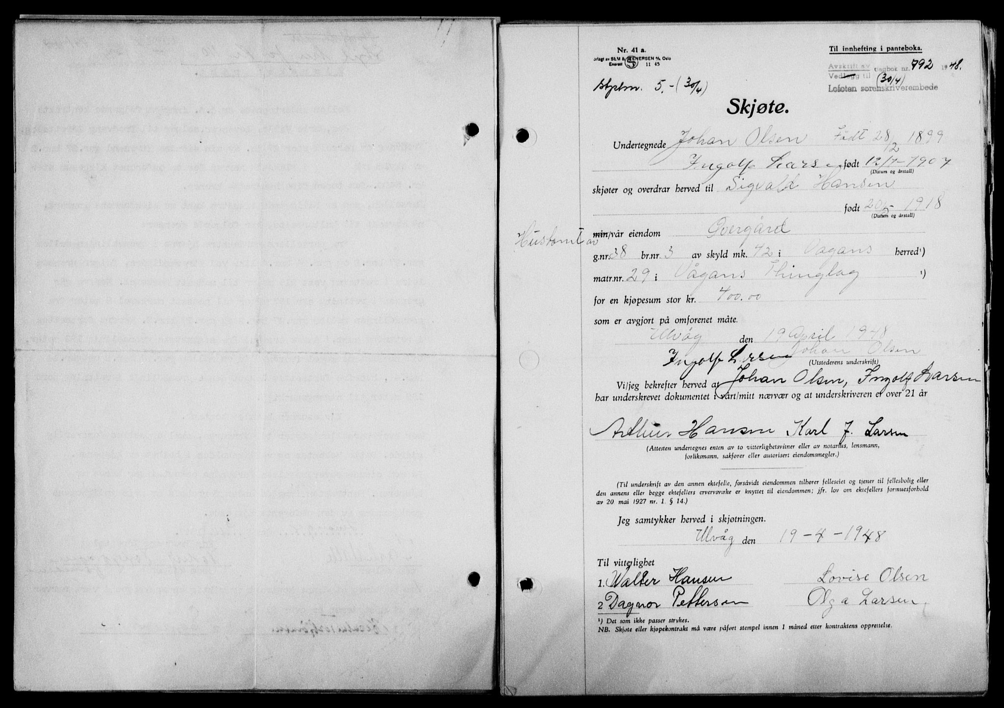 Lofoten sorenskriveri, SAT/A-0017/1/2/2C/L0018a: Mortgage book no. 18a, 1948-1948, Diary no: : 992/1948