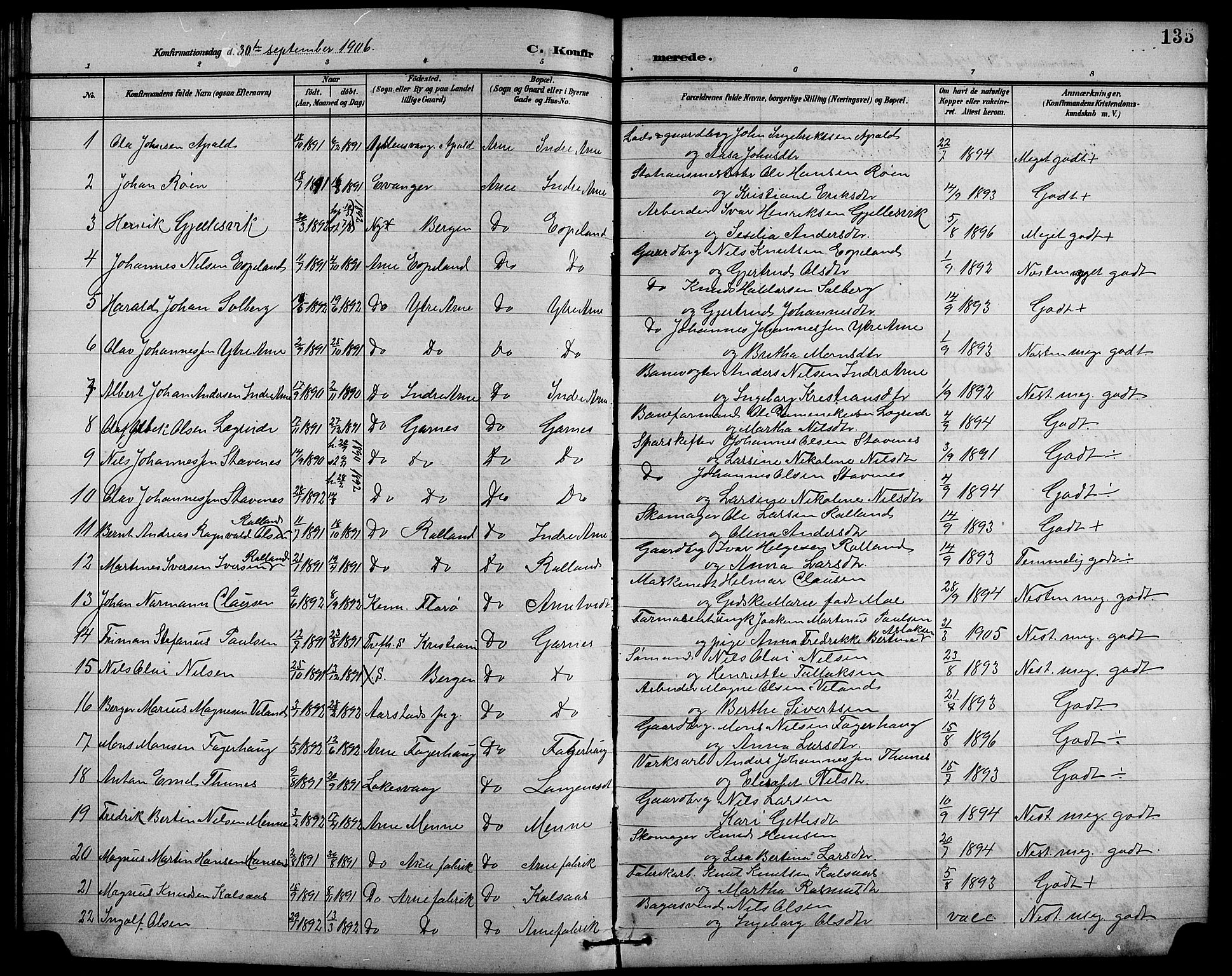 Arna Sokneprestembete, SAB/A-74001/H/Ha/Hab: Parish register (copy) no. A 4, 1898-1910, p. 135