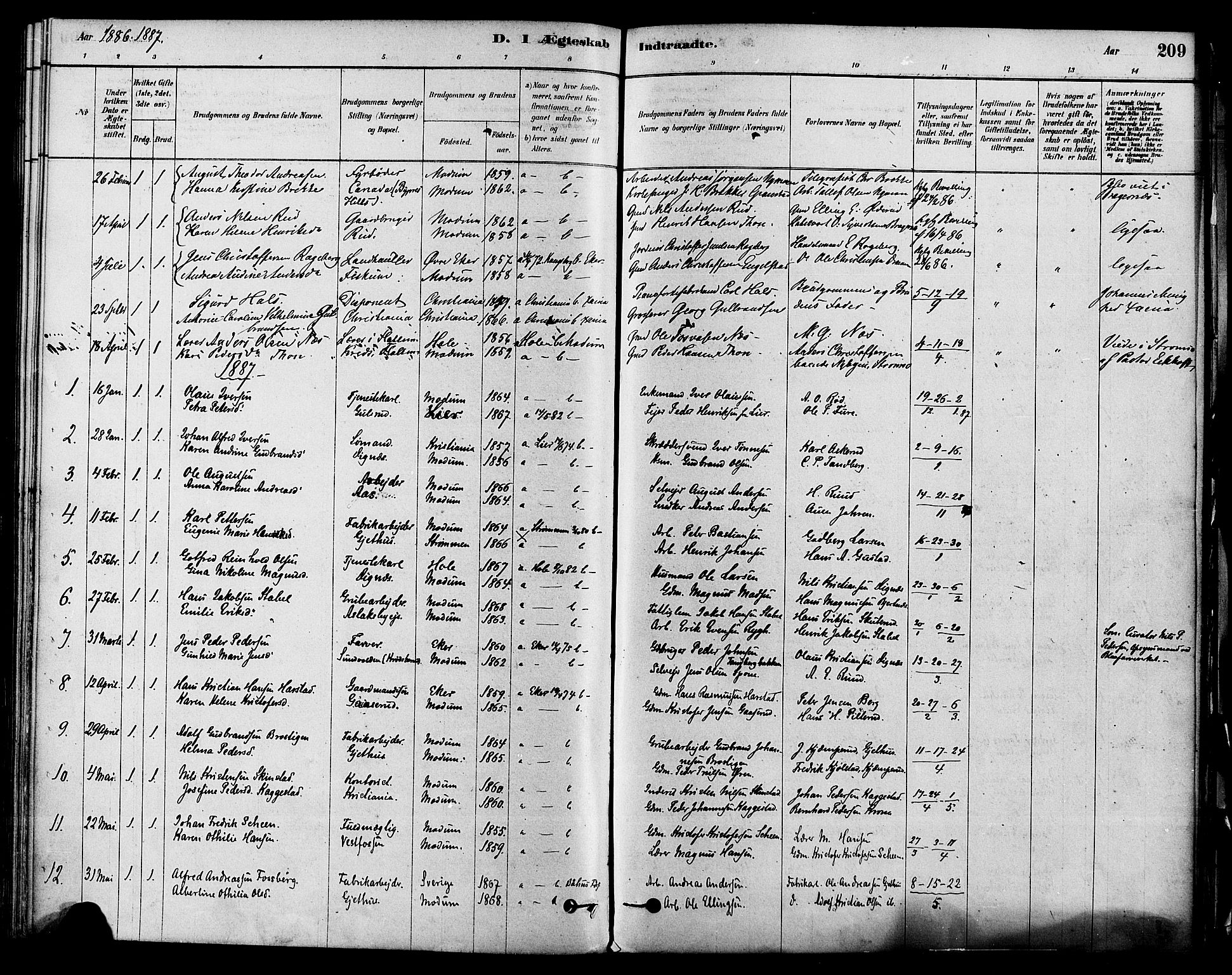 Modum kirkebøker, SAKO/A-234/F/Fa/L0011: Parish register (official) no. 11, 1877-1889, p. 209