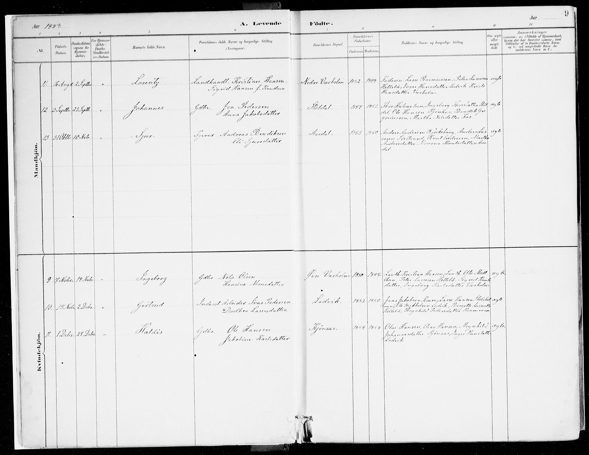 Lavik sokneprestembete, AV/SAB-A-80901: Parish register (official) no. B 1, 1882-1908, p. 9