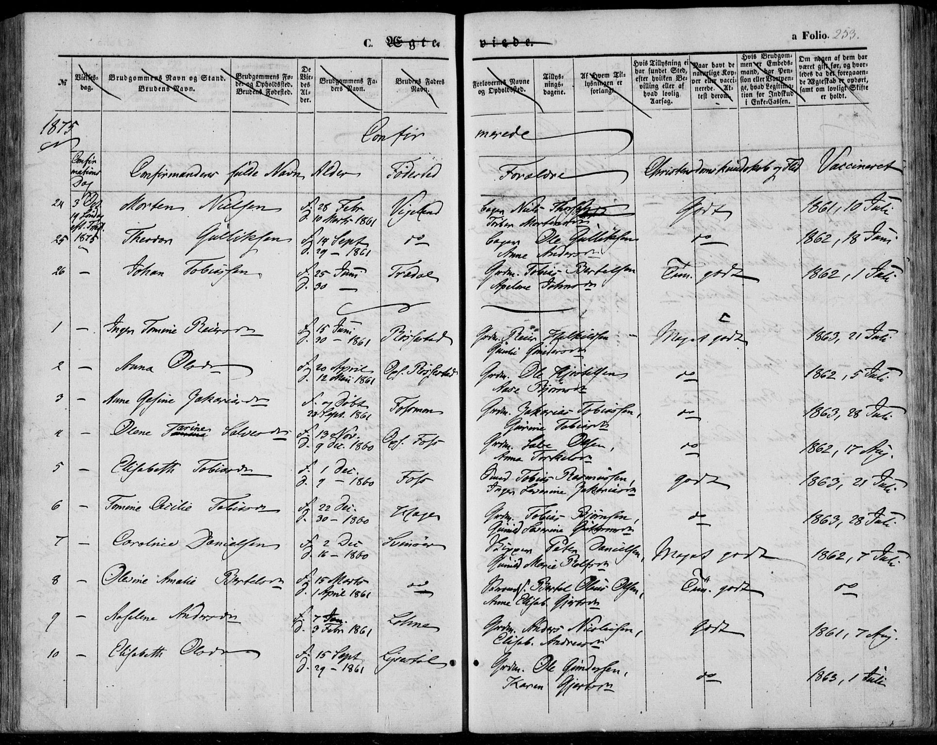 Sør-Audnedal sokneprestkontor, AV/SAK-1111-0039/F/Fa/Fab/L0007: Parish register (official) no. A 7, 1855-1876, p. 253