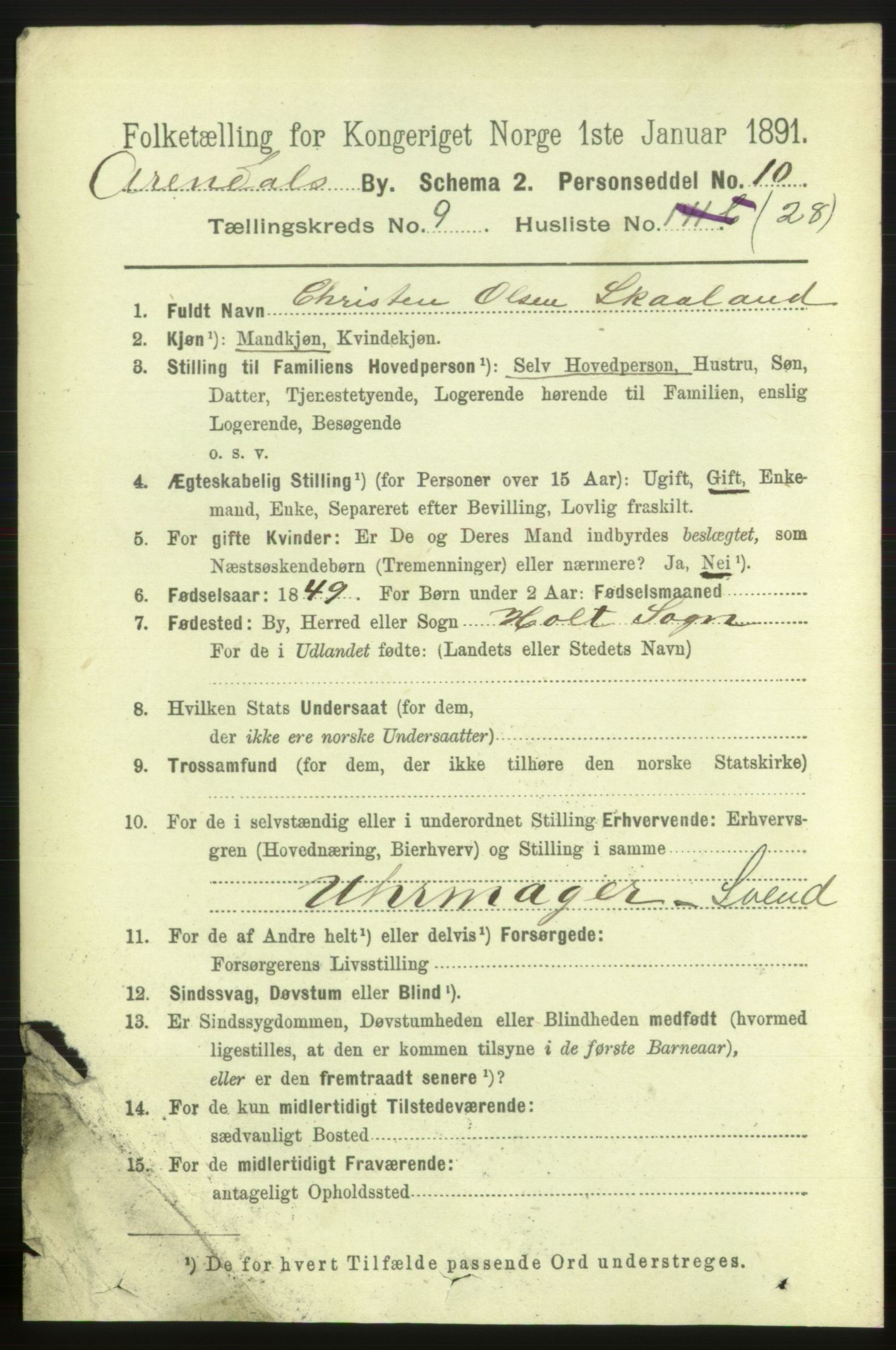 RA, 1891 census for 0903 Arendal, 1891, p. 3519