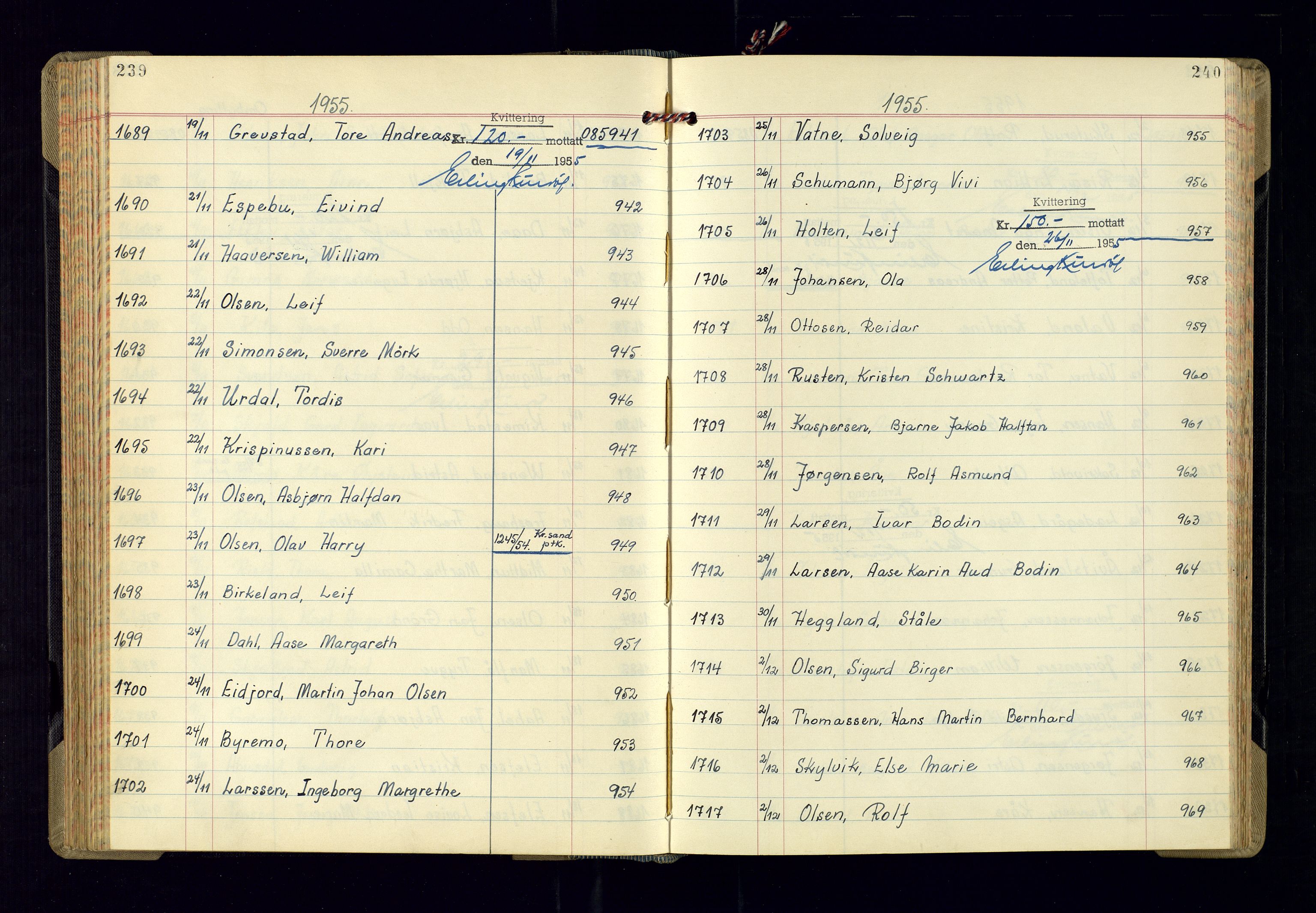 Kristiansand politikammer - 2, AV/SAK-1243-0009/K/Ka/Kaa/L0613: Passprotokoll, liste med løpenumre, 1954-1958, p. 239-240