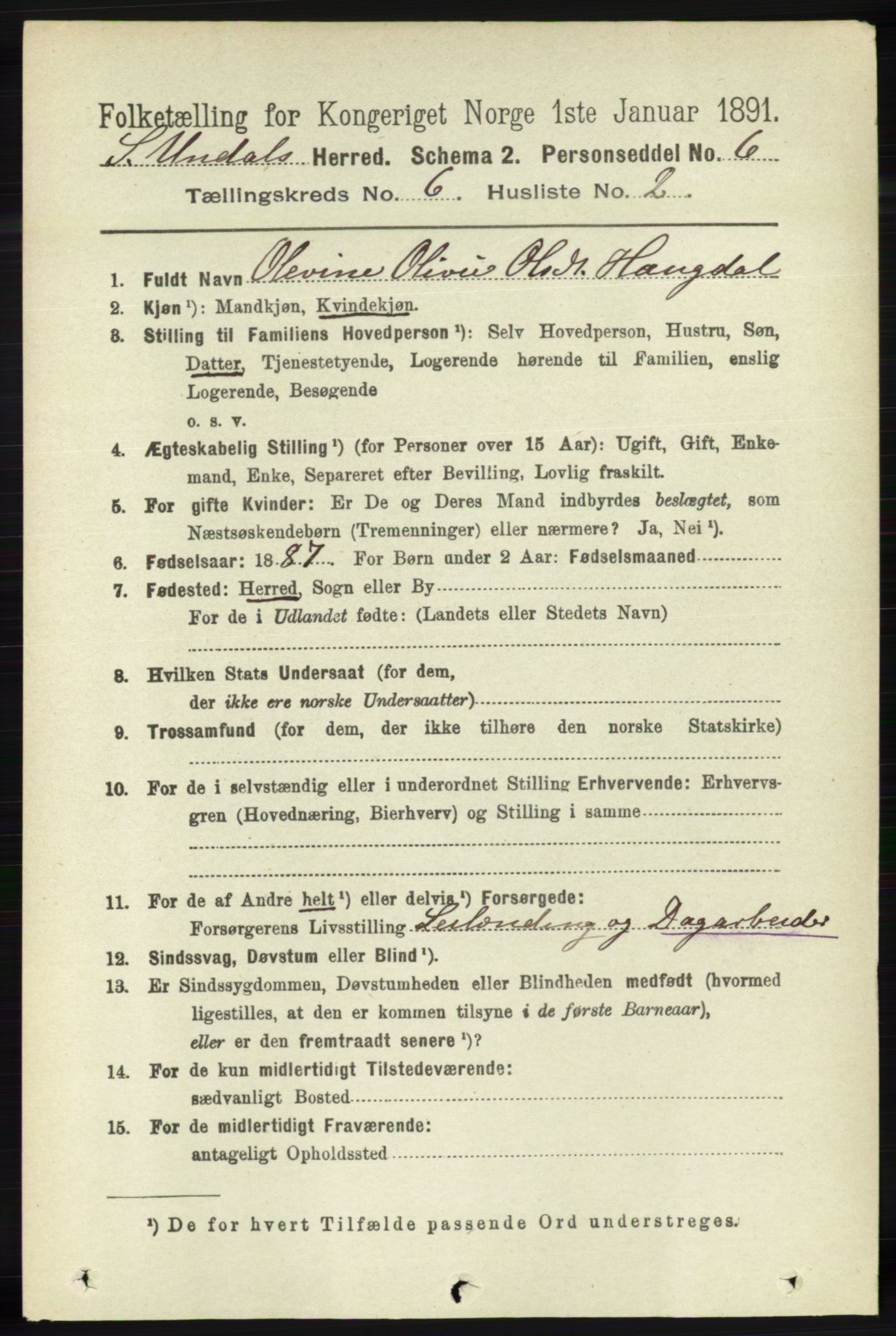 RA, 1891 census for 1029 Sør-Audnedal, 1891, p. 2296