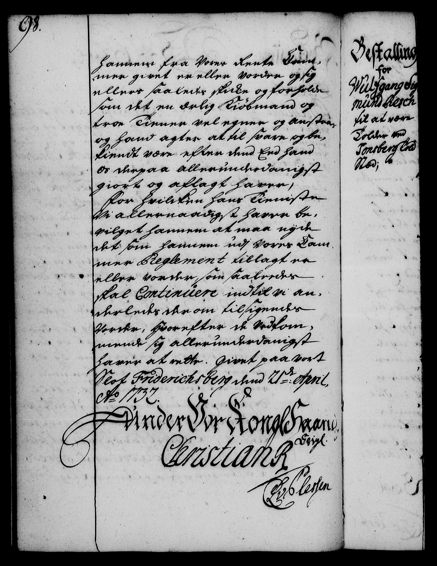 Rentekammeret, Kammerkanselliet, RA/EA-3111/G/Gg/Gge/L0002: Norsk bestallingsprotokoll med register (merket RK 53.26), 1730-1744, p. 98