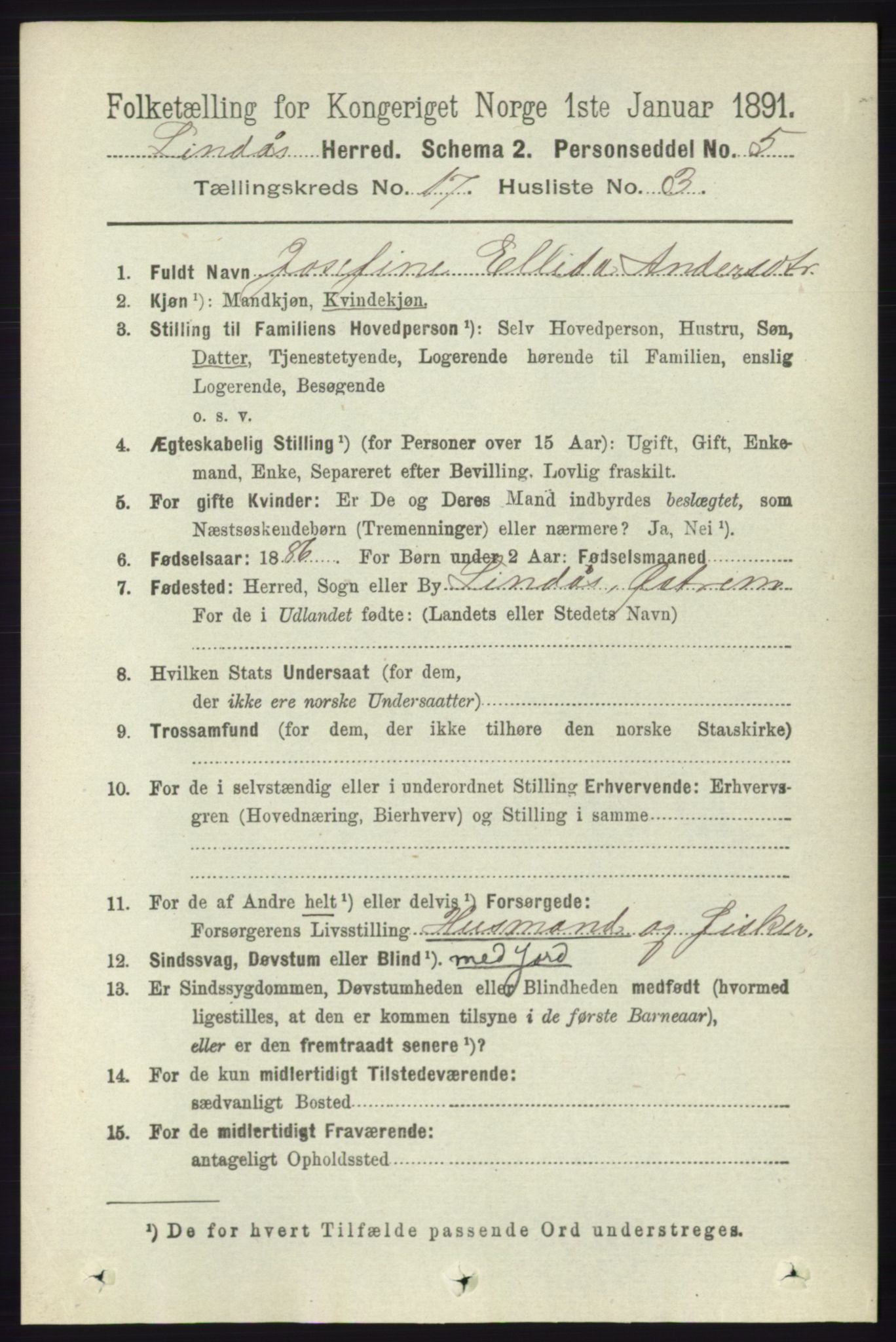 RA, 1891 census for 1263 Lindås, 1891, p. 6144