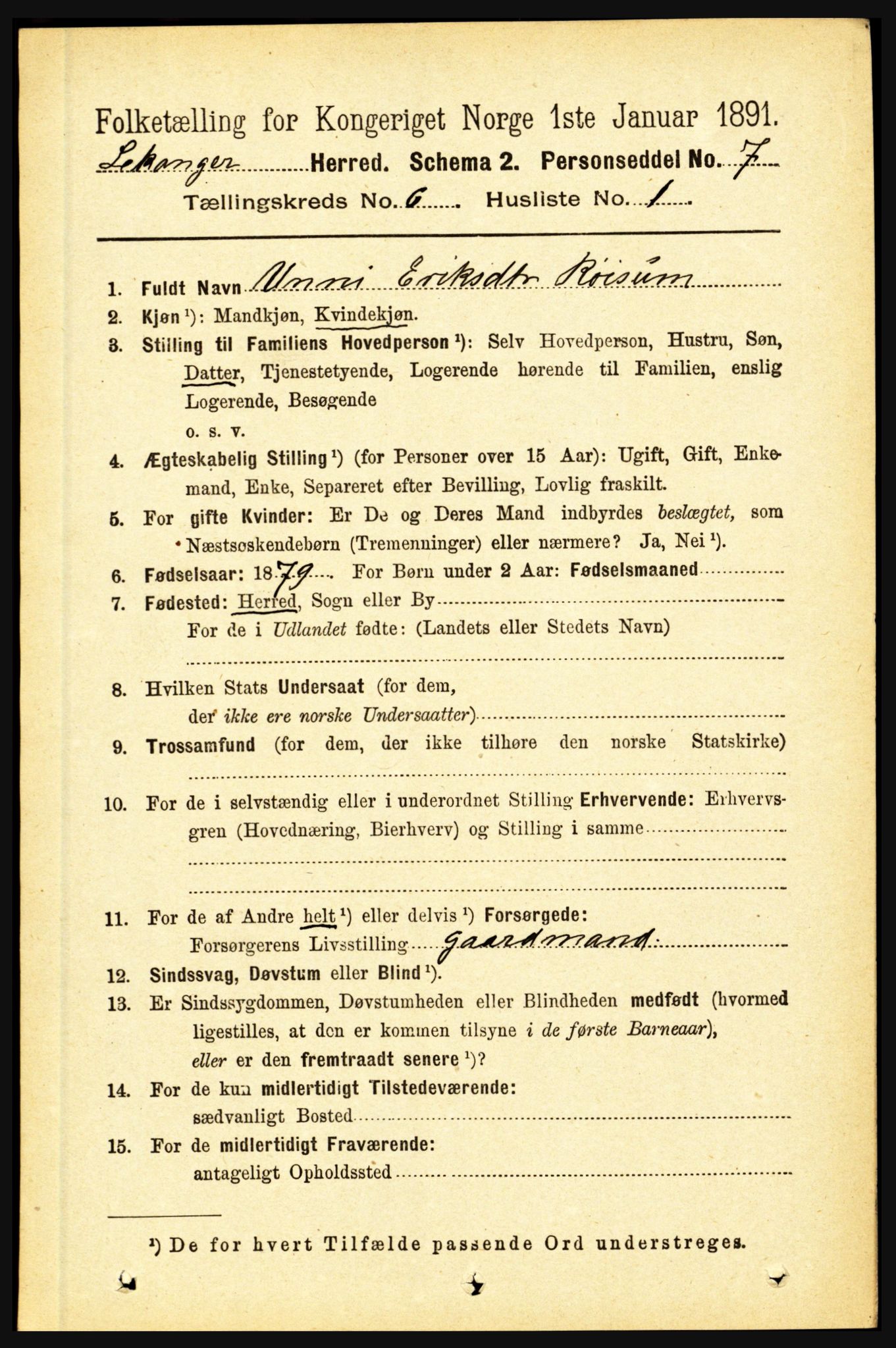 RA, 1891 census for 1419 Leikanger, 1891, p. 1124