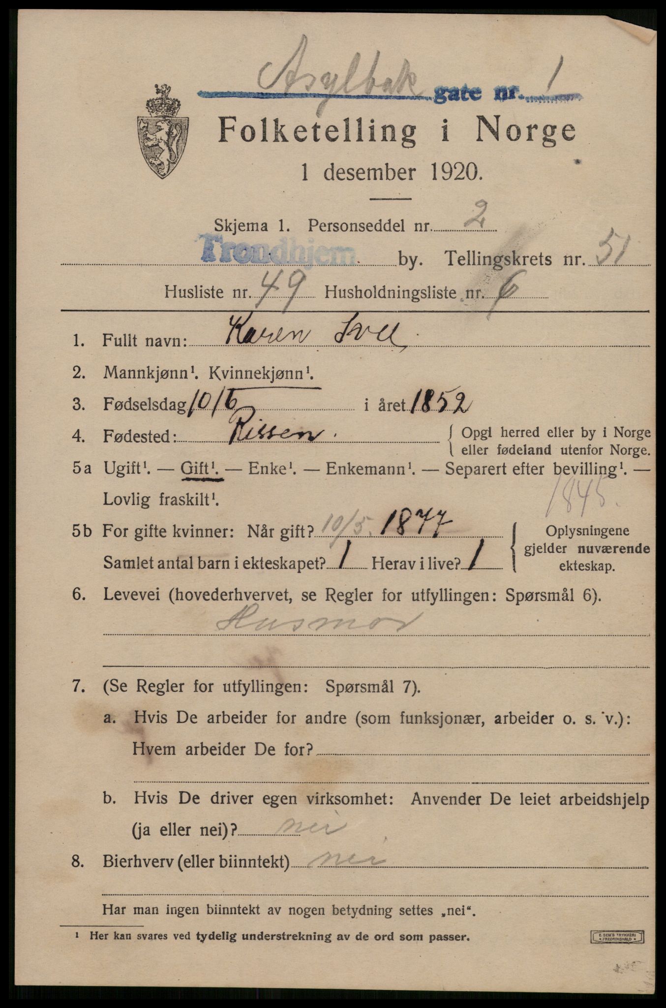 SAT, 1920 census for Trondheim, 1920, p. 106484