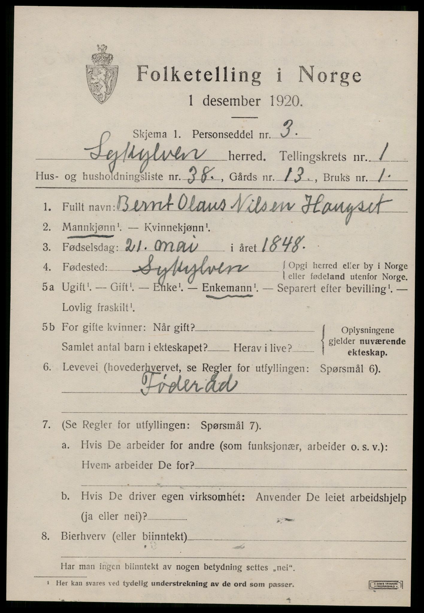 SAT, 1920 census for Sykkylven, 1920, p. 1353