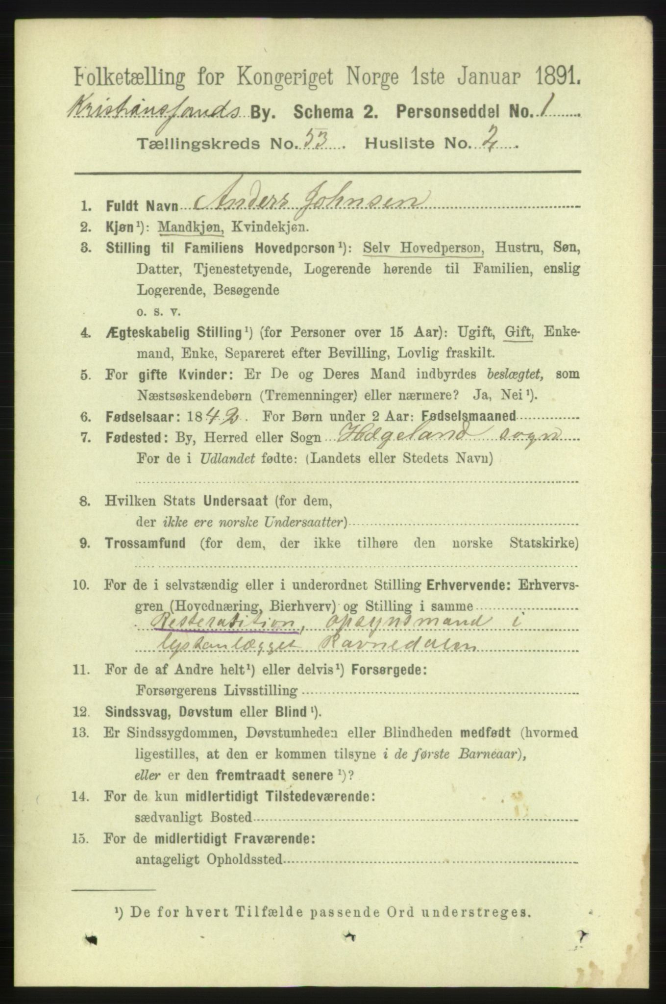 RA, 1891 census for 1001 Kristiansand, 1891, p. 15256