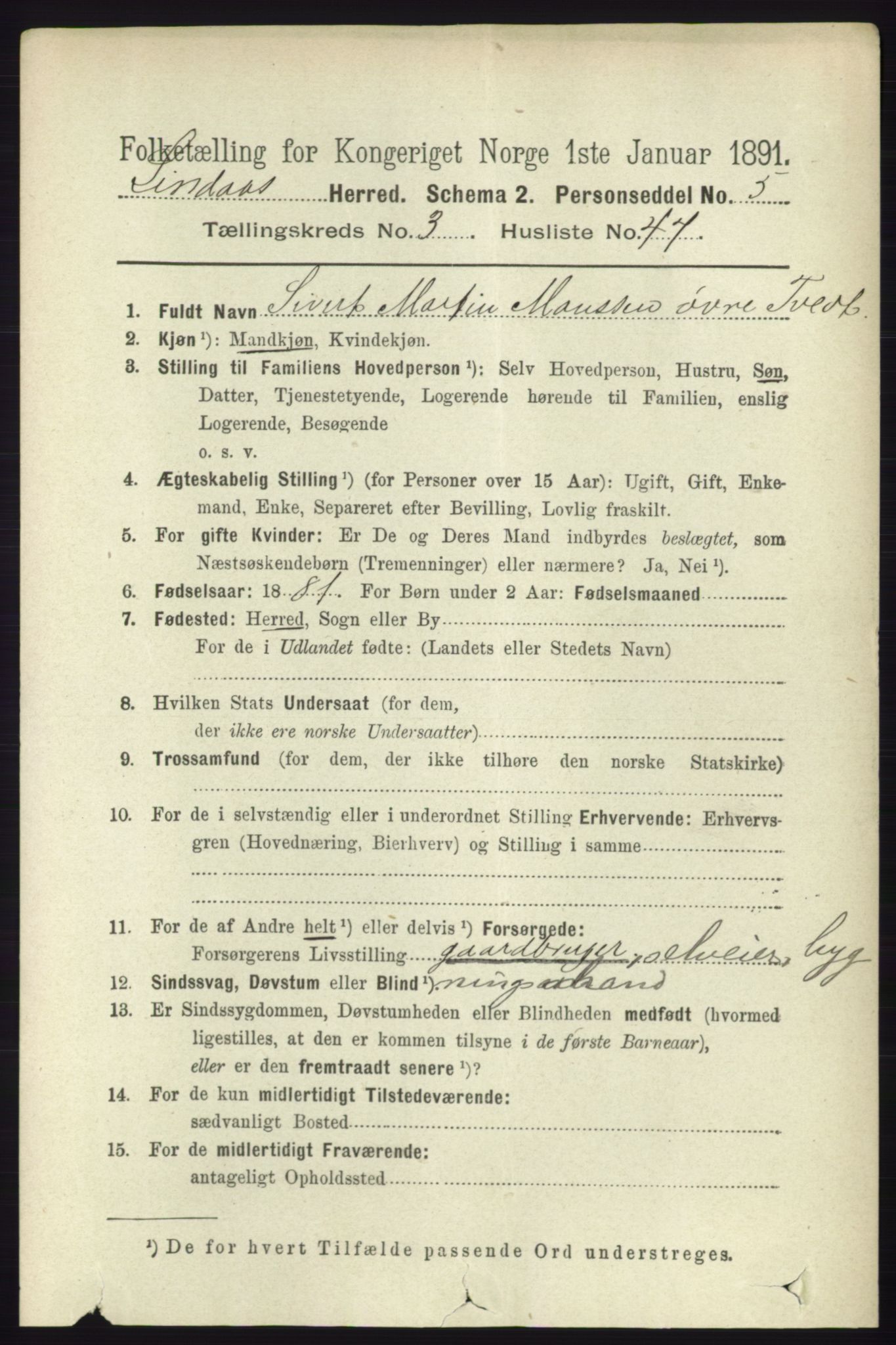 RA, 1891 census for 1263 Lindås, 1891, p. 1087