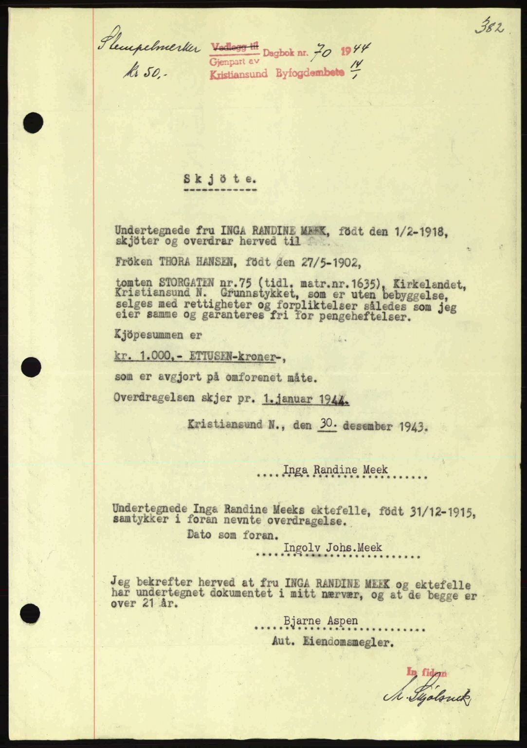 Kristiansund byfogd, AV/SAT-A-4587/A/27: Mortgage book no. 34, 1941-1945, Diary no: : 70/1944