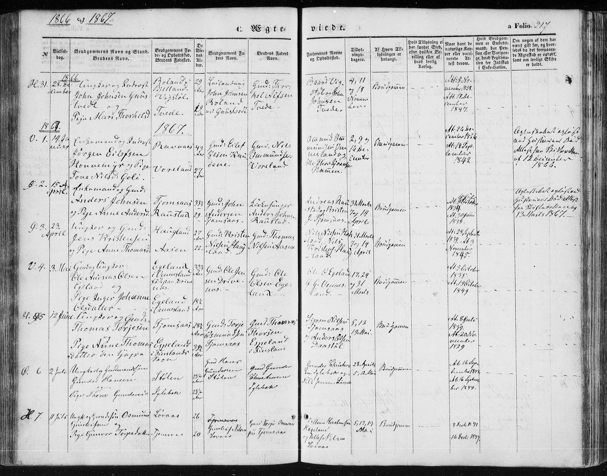 Vennesla sokneprestkontor, AV/SAK-1111-0045/Fa/Fac/L0007: Parish register (official) no. A 7, 1855-1873, p. 217