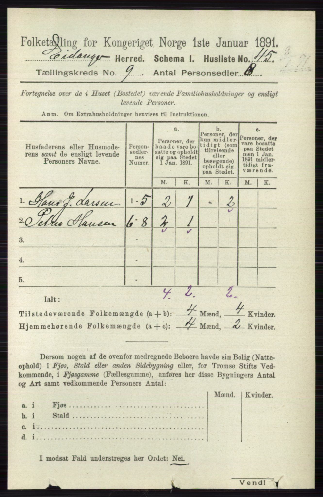 RA, 1891 census for 0813 Eidanger, 1891, p. 3612