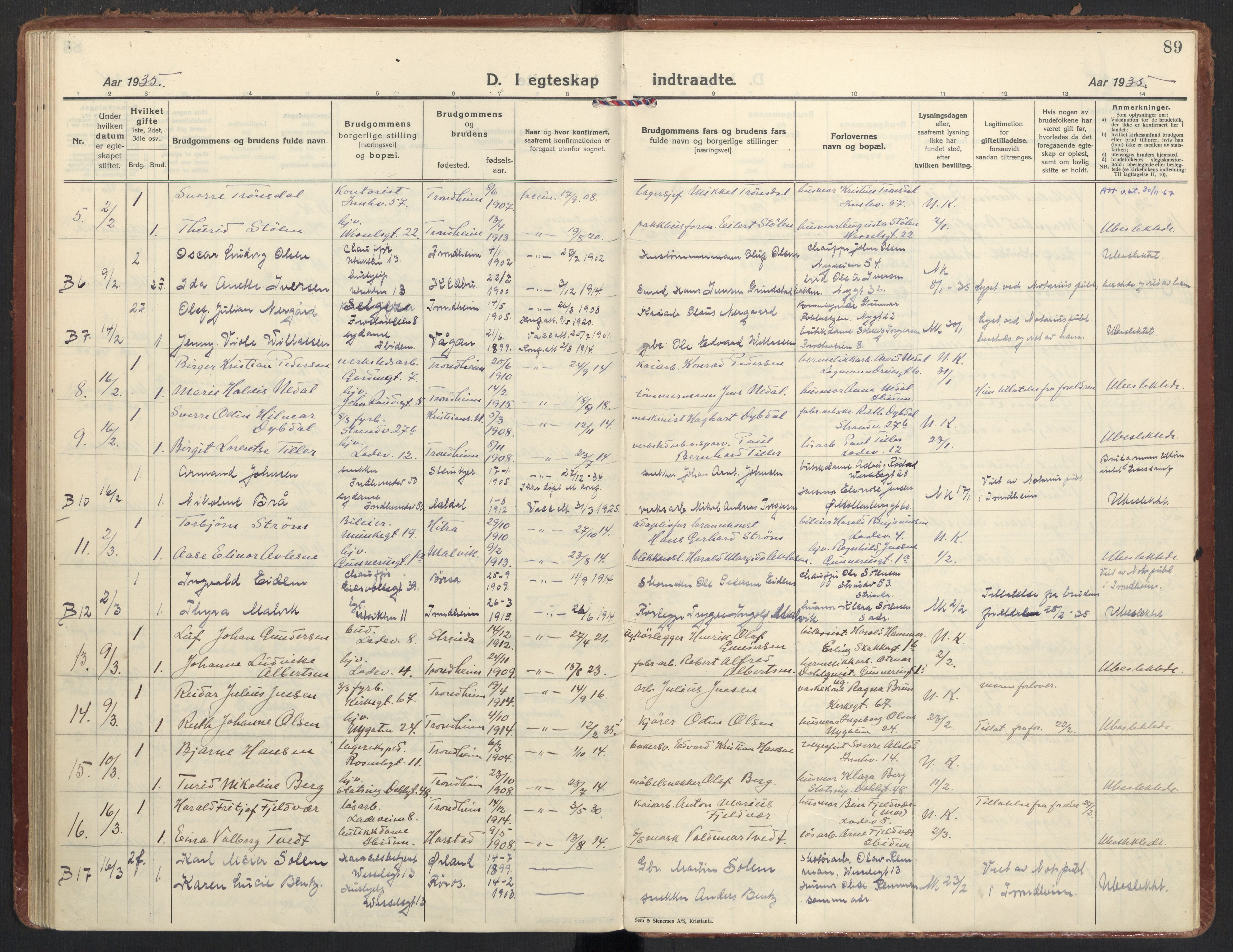 Ministerialprotokoller, klokkerbøker og fødselsregistre - Sør-Trøndelag, SAT/A-1456/605/L0249: Parish register (official) no. 605A11, 1925-1936, p. 89