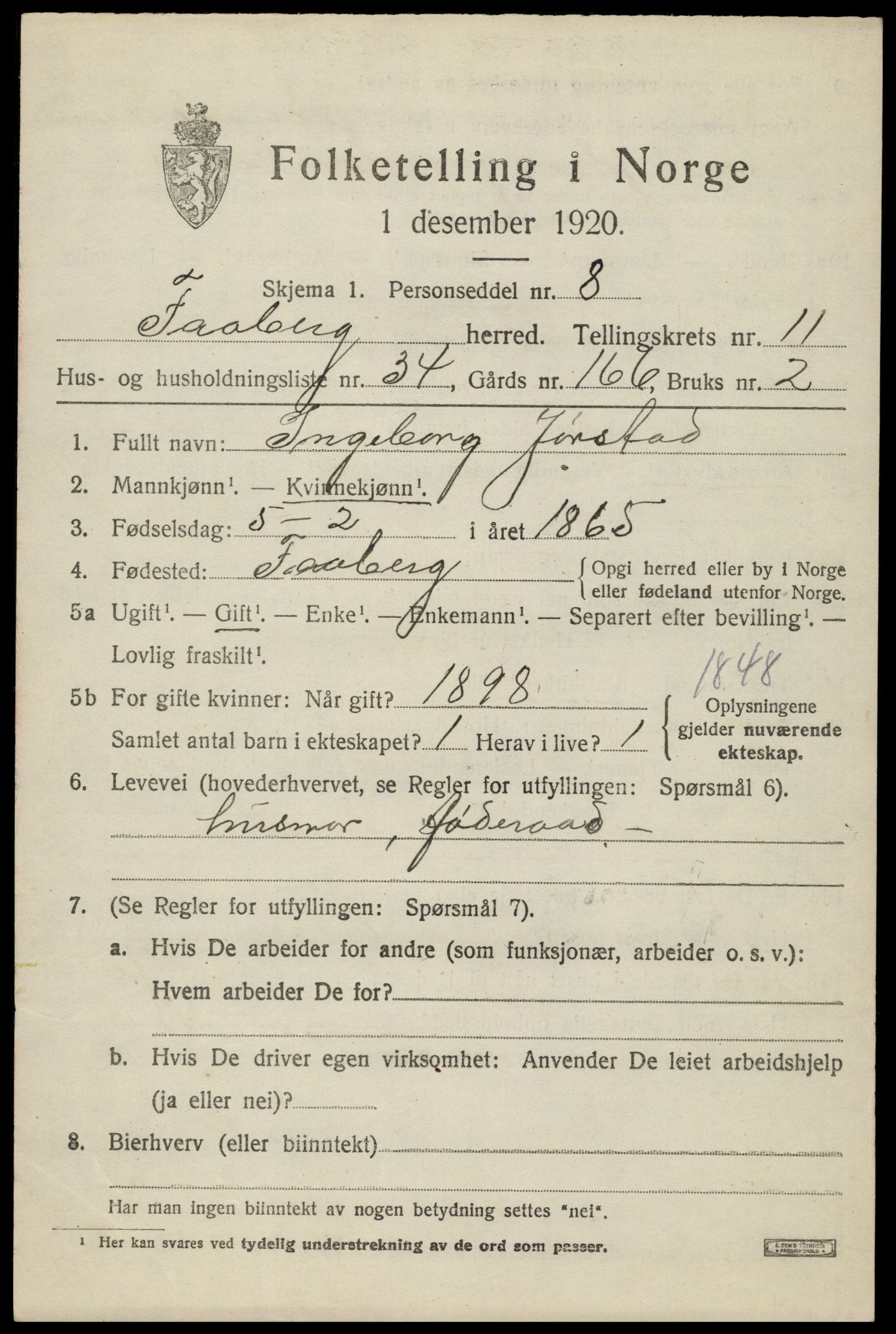 SAH, 1920 census for Fåberg, 1920, p. 12250