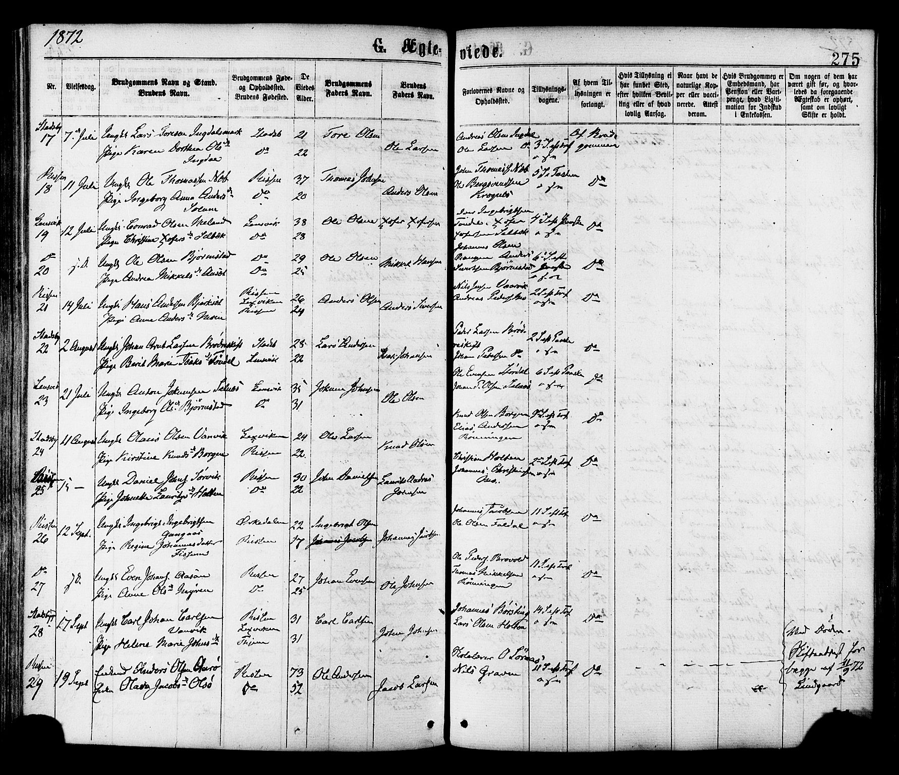 Ministerialprotokoller, klokkerbøker og fødselsregistre - Sør-Trøndelag, AV/SAT-A-1456/646/L0613: Parish register (official) no. 646A11, 1870-1884, p. 275