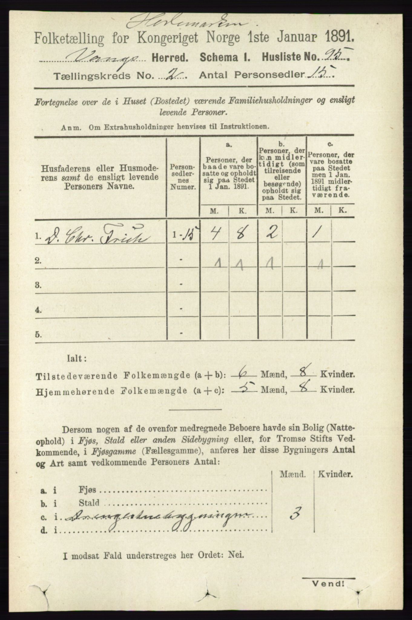 RA, 1891 census for 0414 Vang, 1891, p. 1026