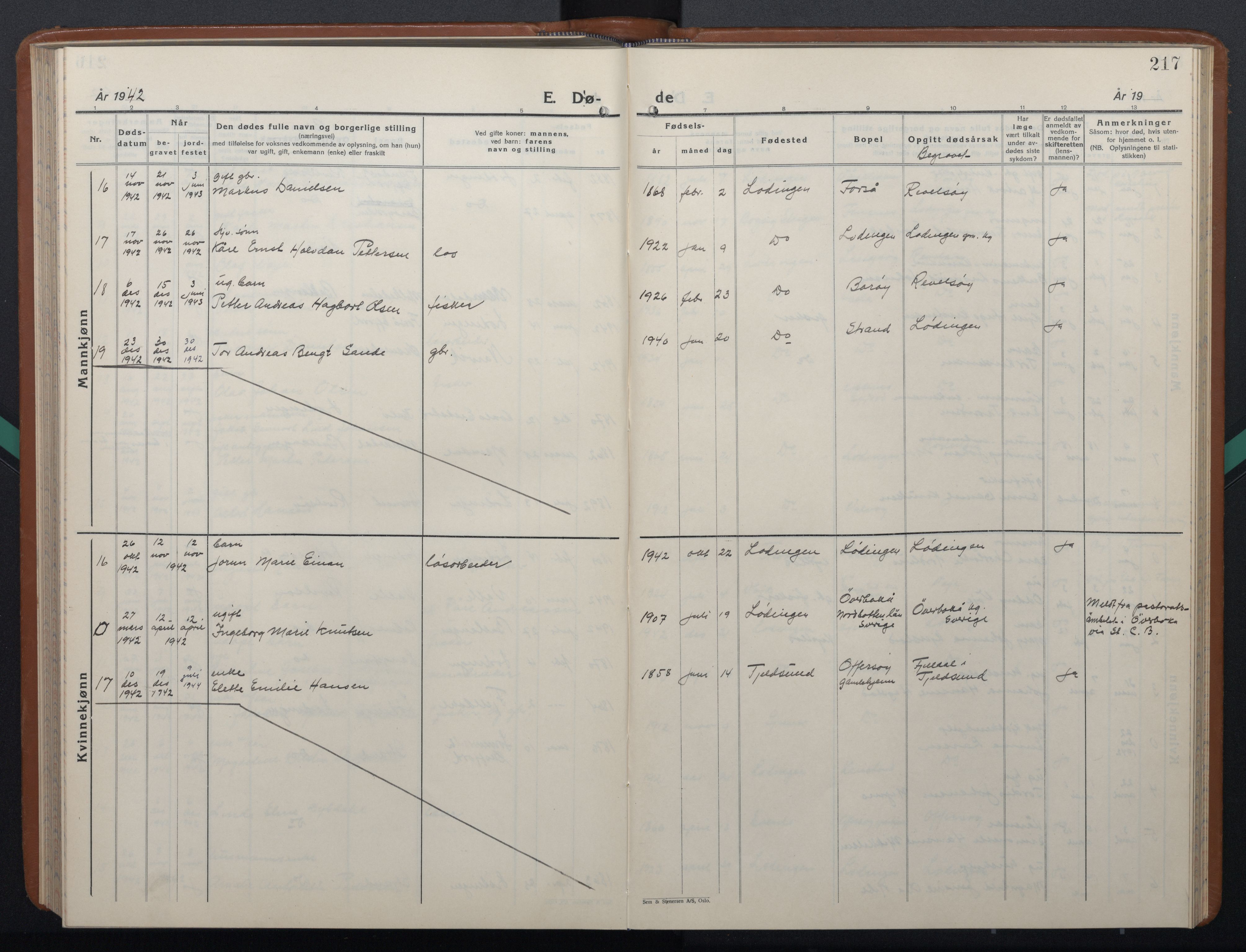 Ministerialprotokoller, klokkerbøker og fødselsregistre - Nordland, AV/SAT-A-1459/872/L1051: Parish register (copy) no. 872C07, 1939-1947, p. 217