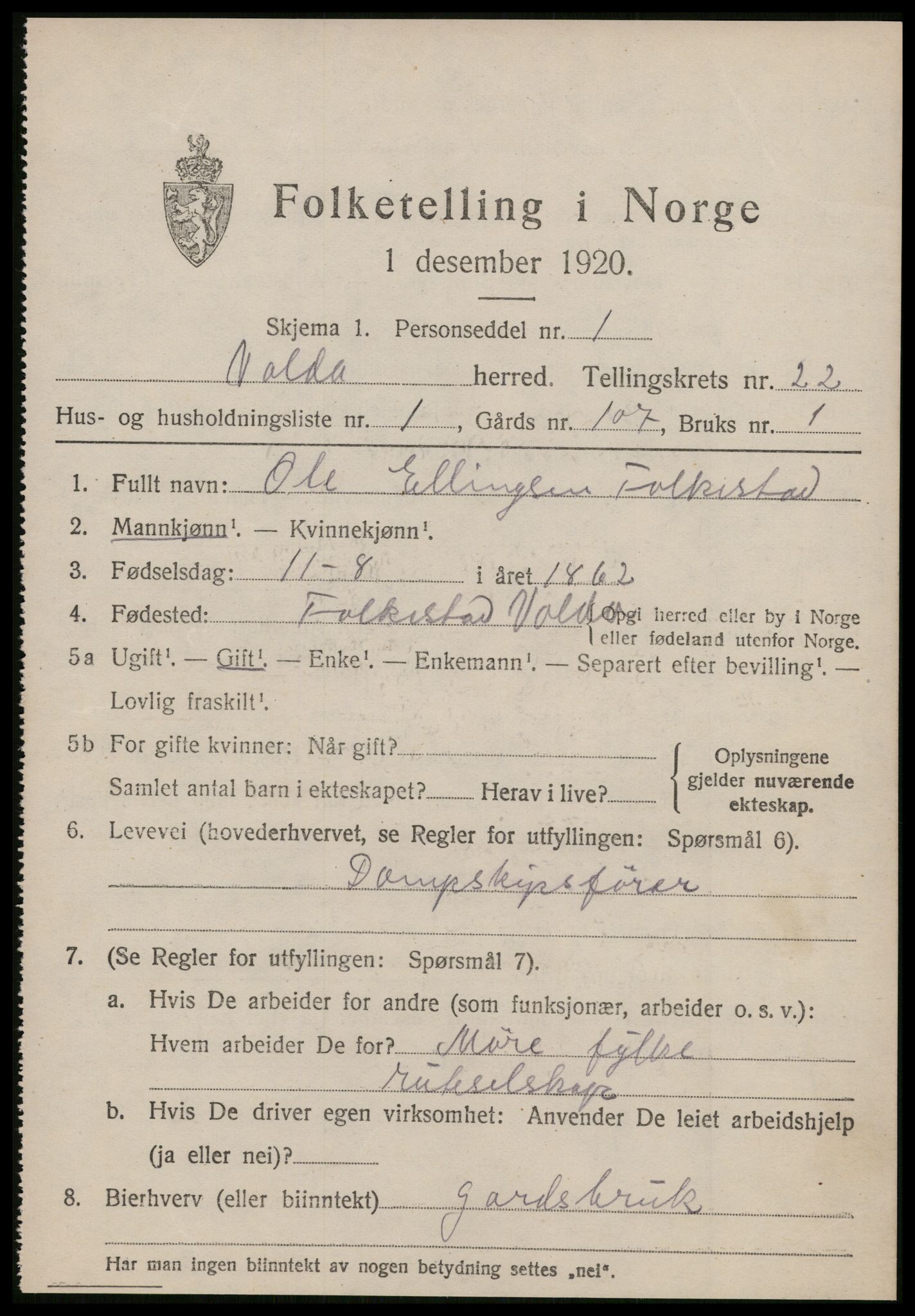 SAT, 1920 census for Volda, 1920, p. 11172