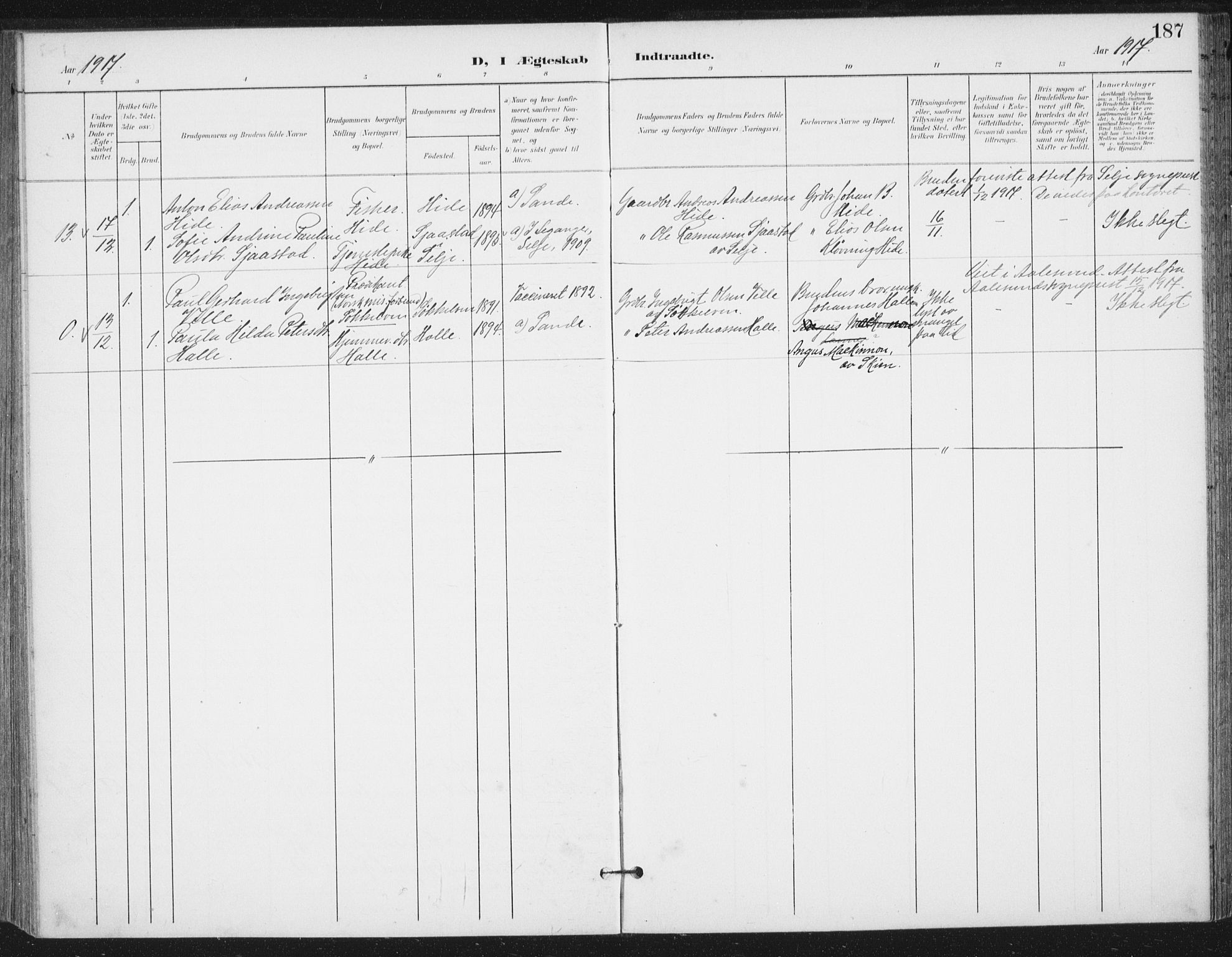 Ministerialprotokoller, klokkerbøker og fødselsregistre - Møre og Romsdal, SAT/A-1454/503/L0038: Parish register (official) no. 503A06, 1901-1917, p. 187