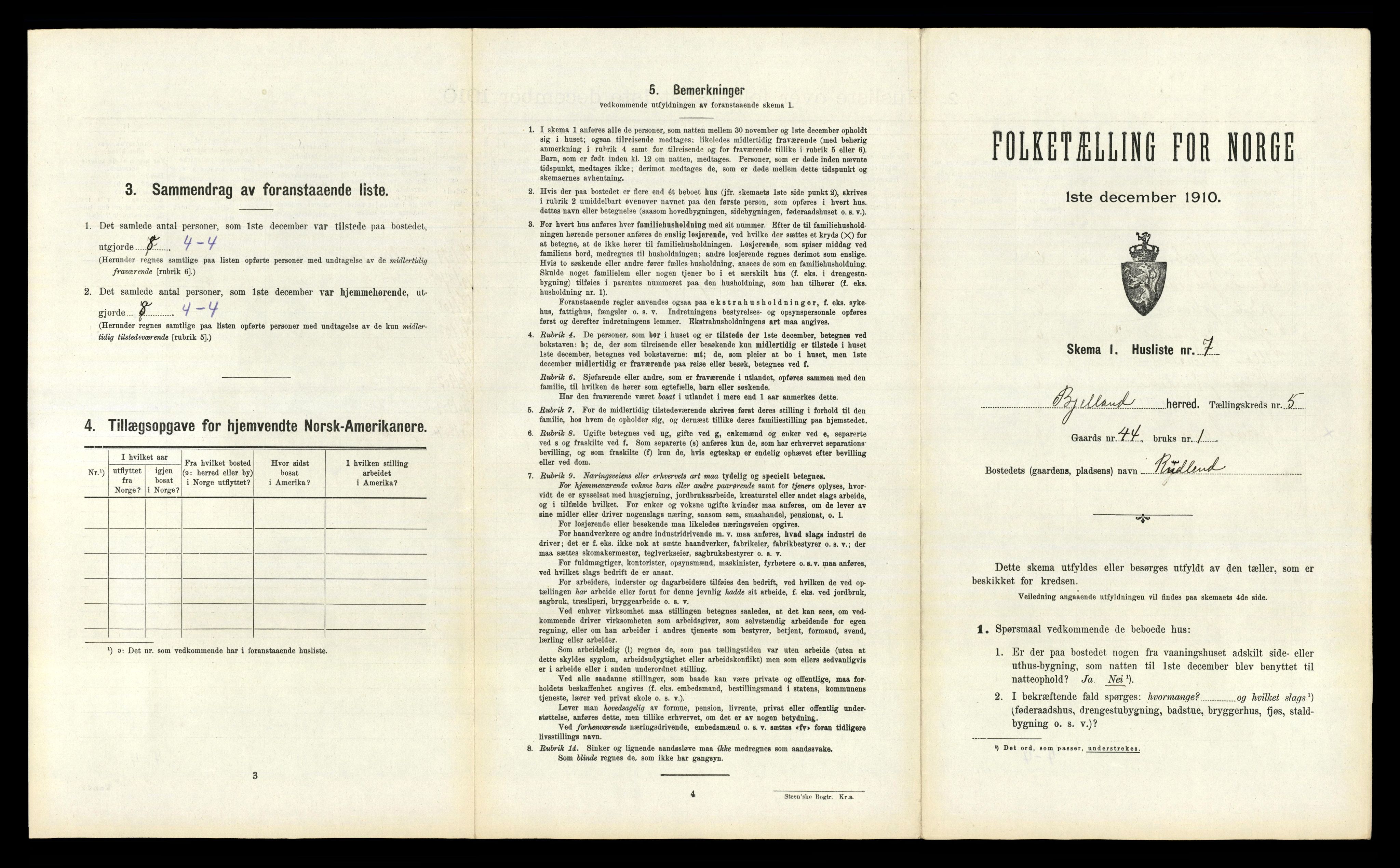 RA, 1910 census for Bjelland, 1910, p. 298