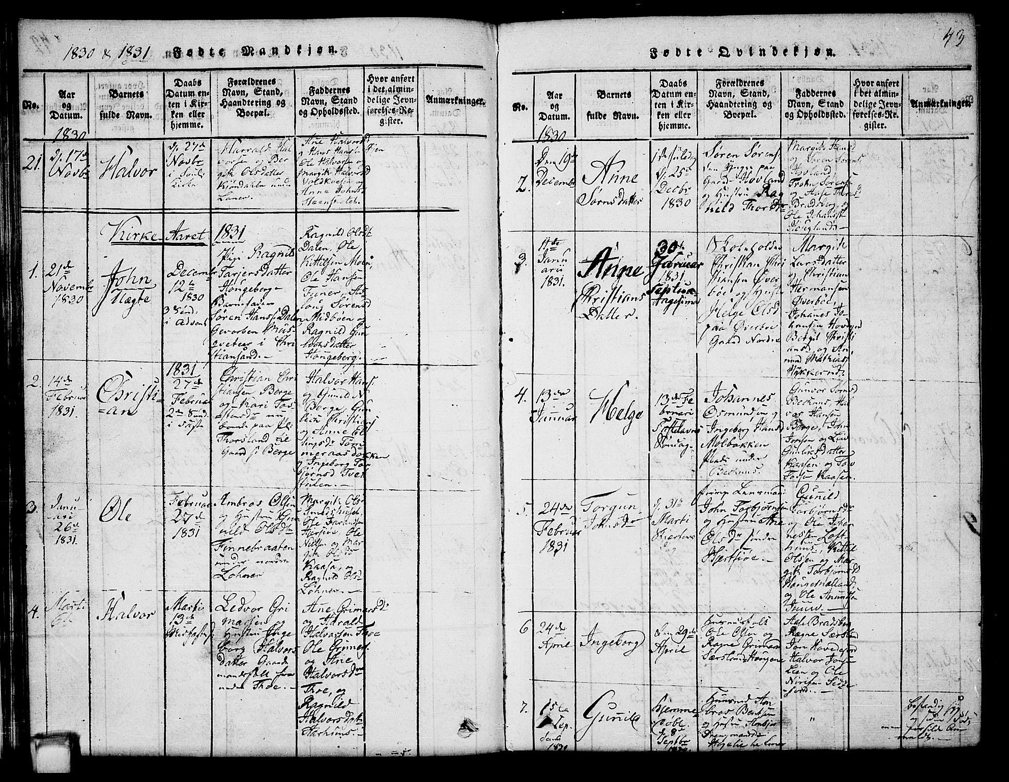 Hjartdal kirkebøker, SAKO/A-270/G/Ga/L0001: Parish register (copy) no. I 1, 1815-1842, p. 43