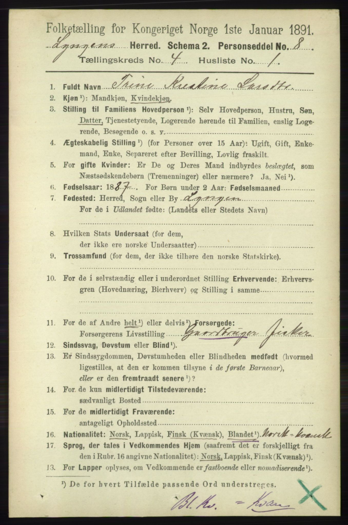 RA, 1891 census for 1938 Lyngen, 1891, p. 3674