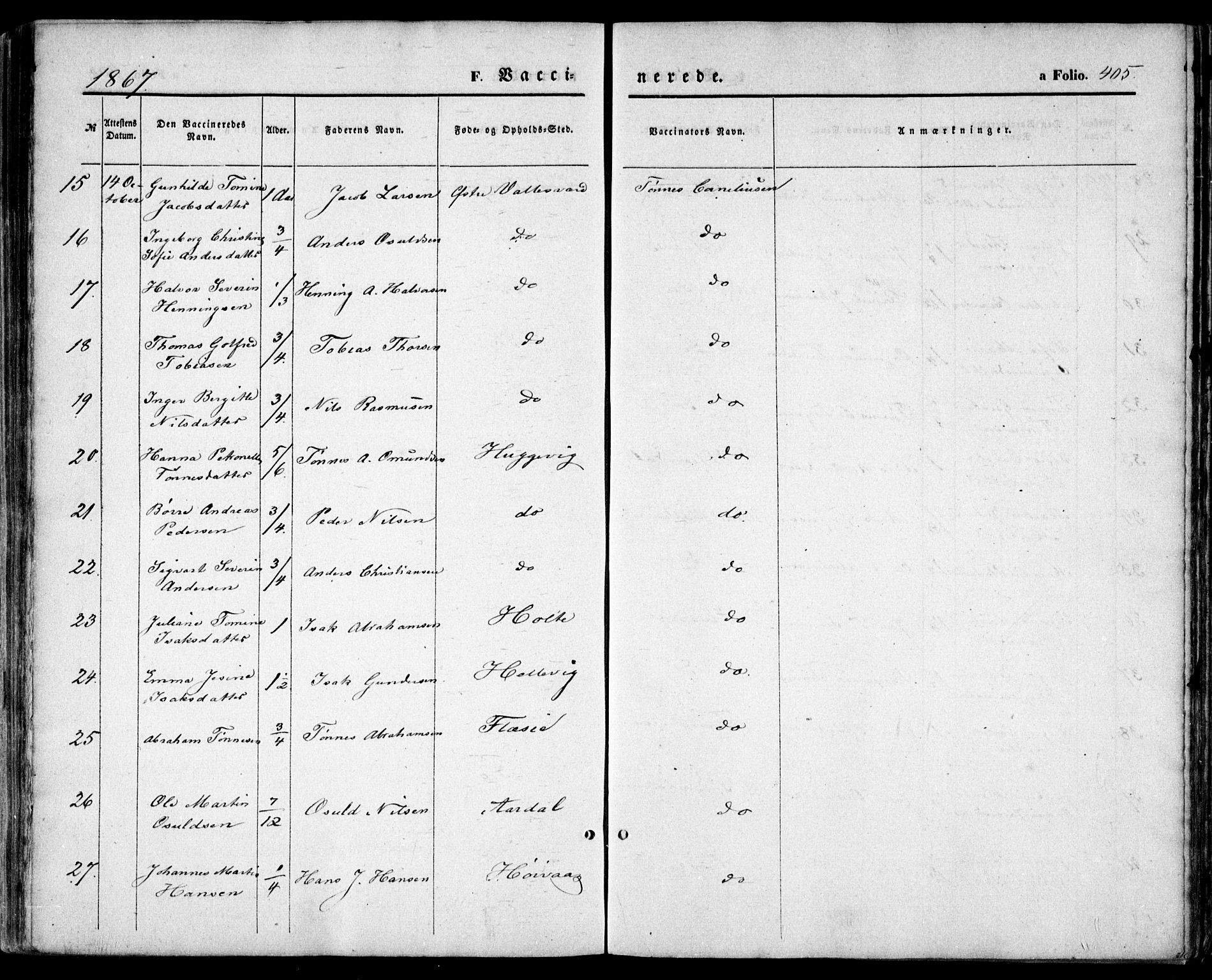 Høvåg sokneprestkontor, SAK/1111-0025/F/Fa/L0004: Parish register (official) no. A 4, 1859-1877, p. 405