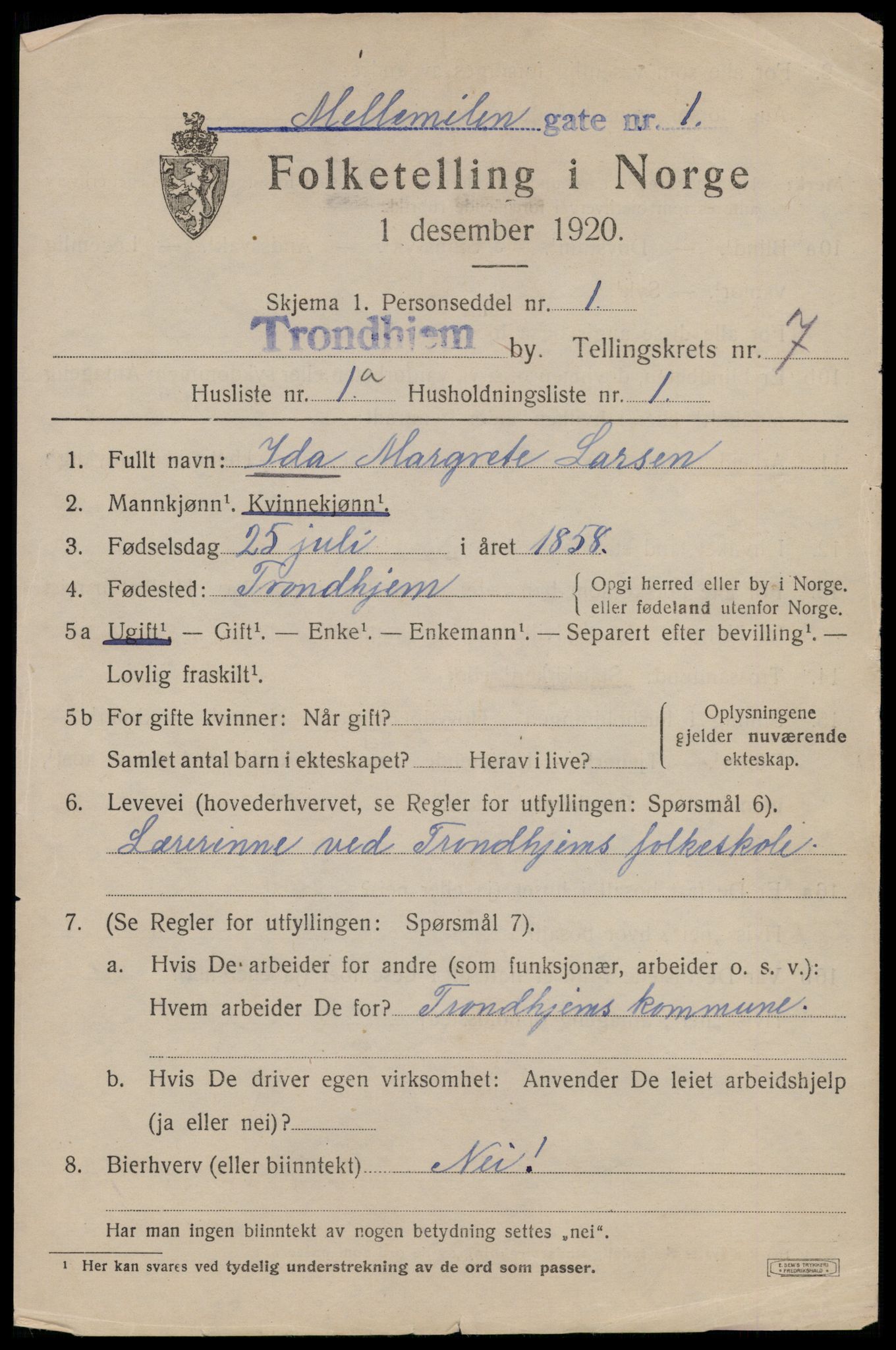 SAT, 1920 census for Trondheim, 1920, p. 41196